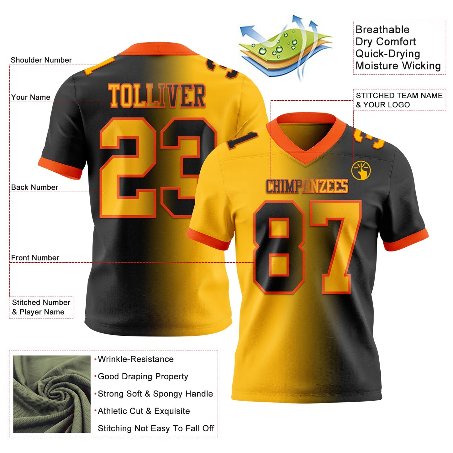 Custom Black Gold-Orange Authentic Gradient Fashion Football Jersey view 2