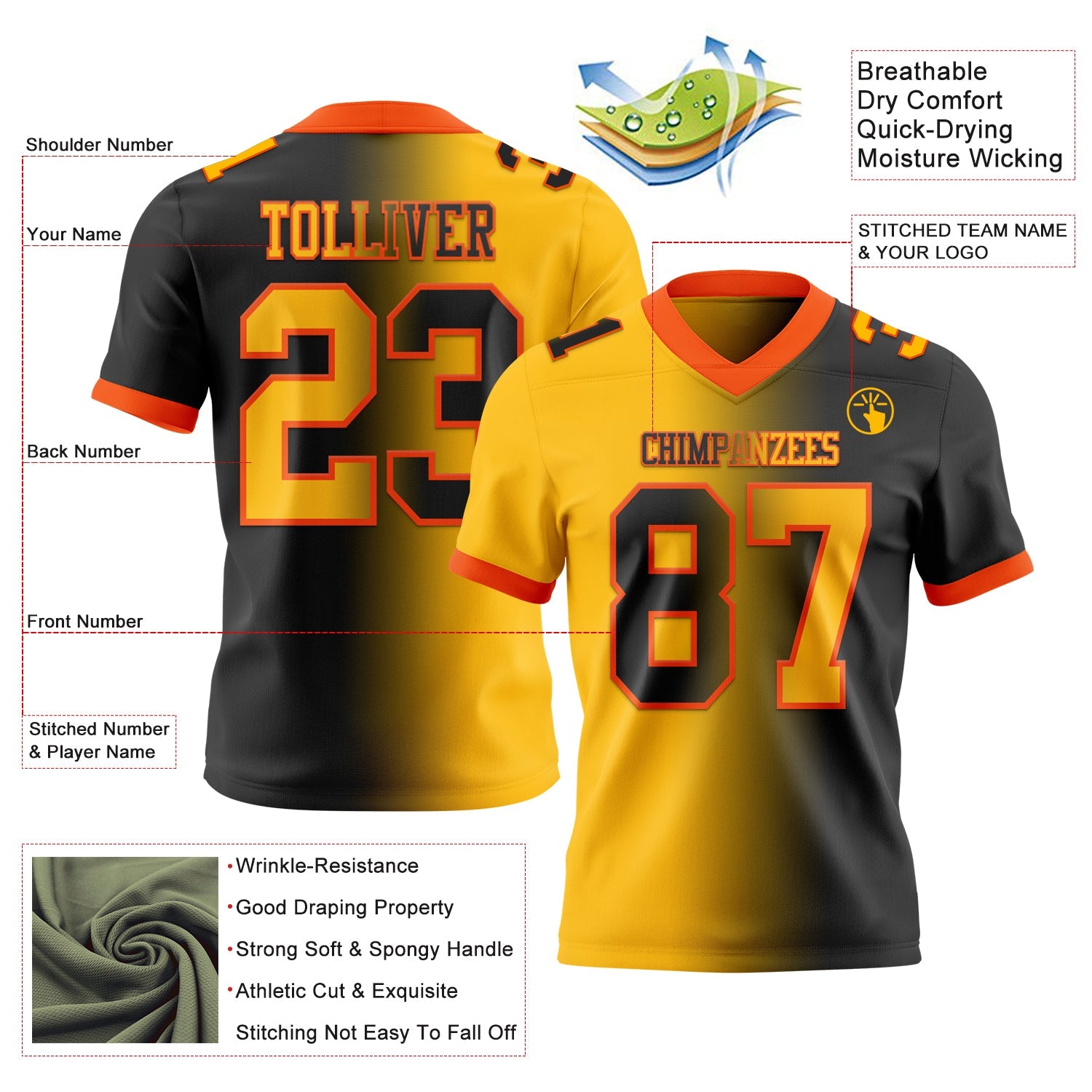 Custom Black Gold-Orange Authentic Gradient Fashion Football Jersey view 2