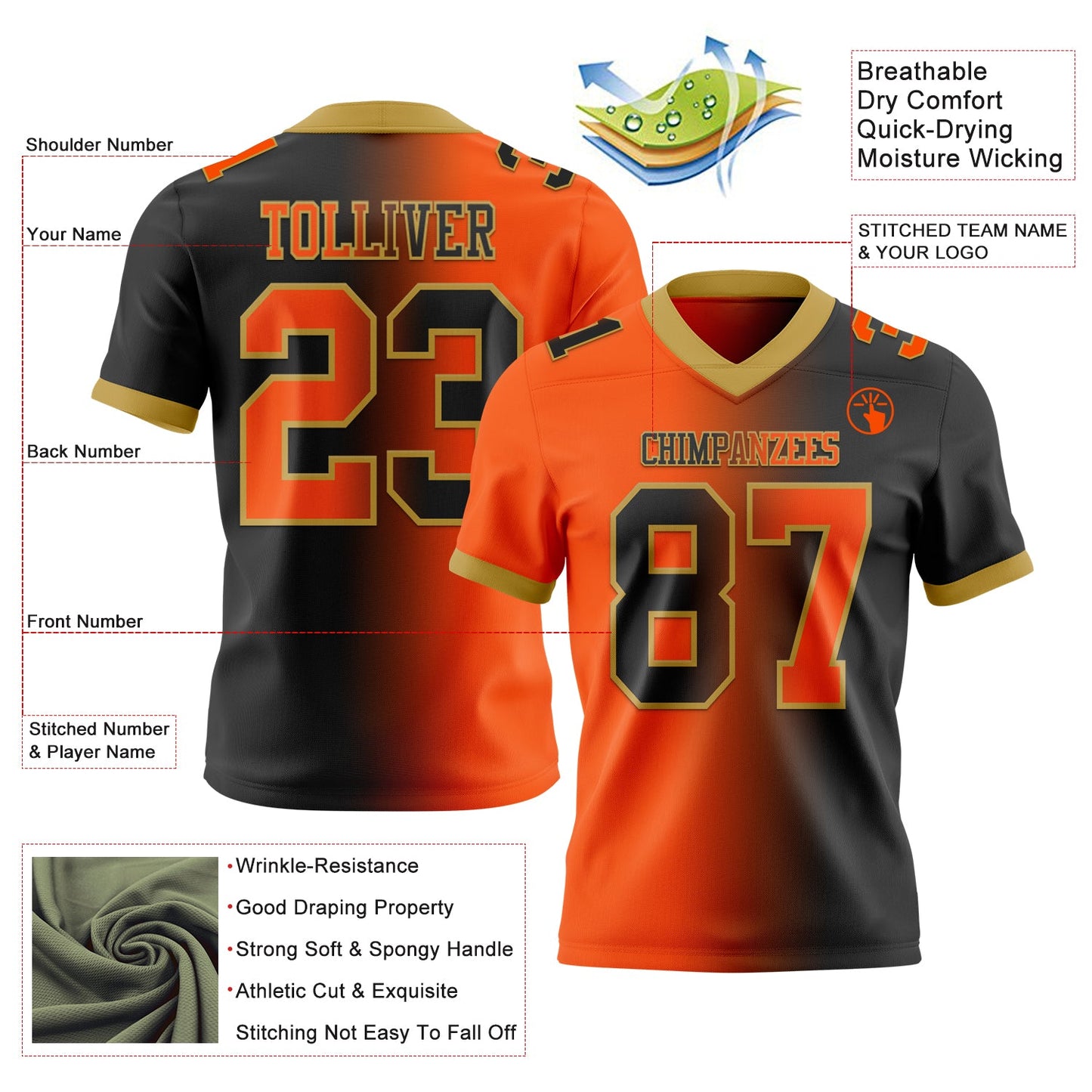 Custom Black Orange-Old Gold Authentic Gradient Fashion Football Jersey view 2