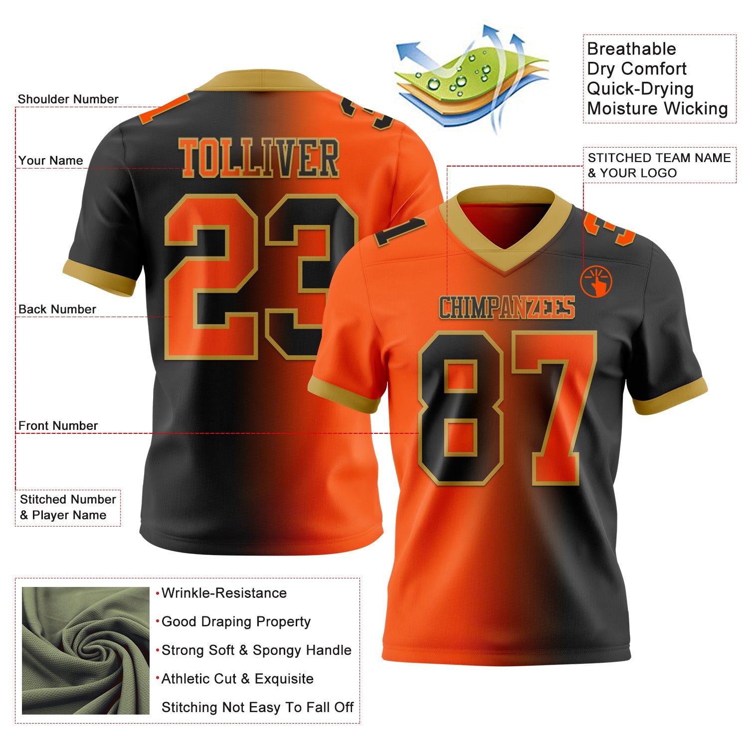 Custom Black Orange-Old Gold Authentic Gradient Fashion Football Jersey view 2