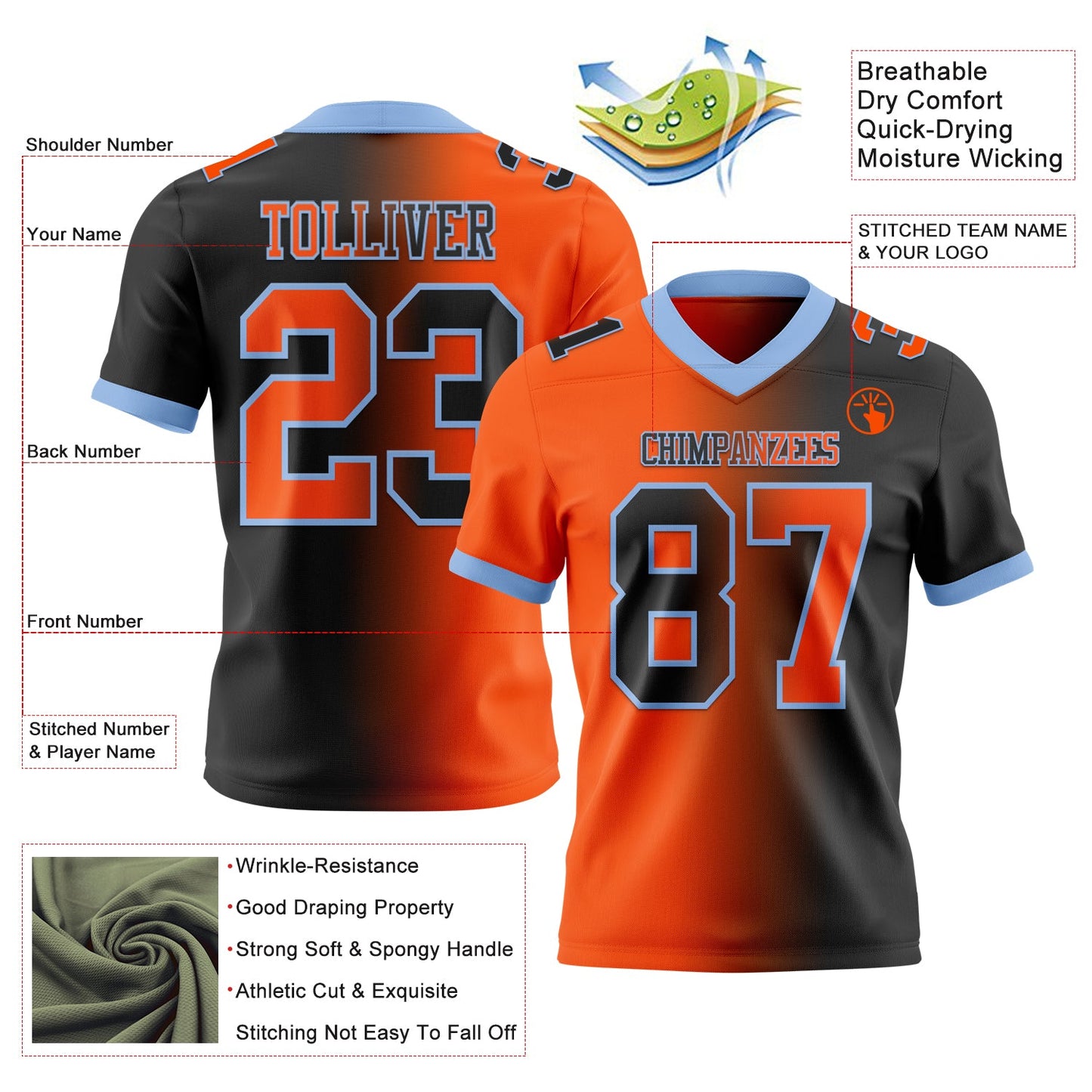 Custom Black Orange-Light Blue Authentic Gradient Fashion Football Jersey view 2