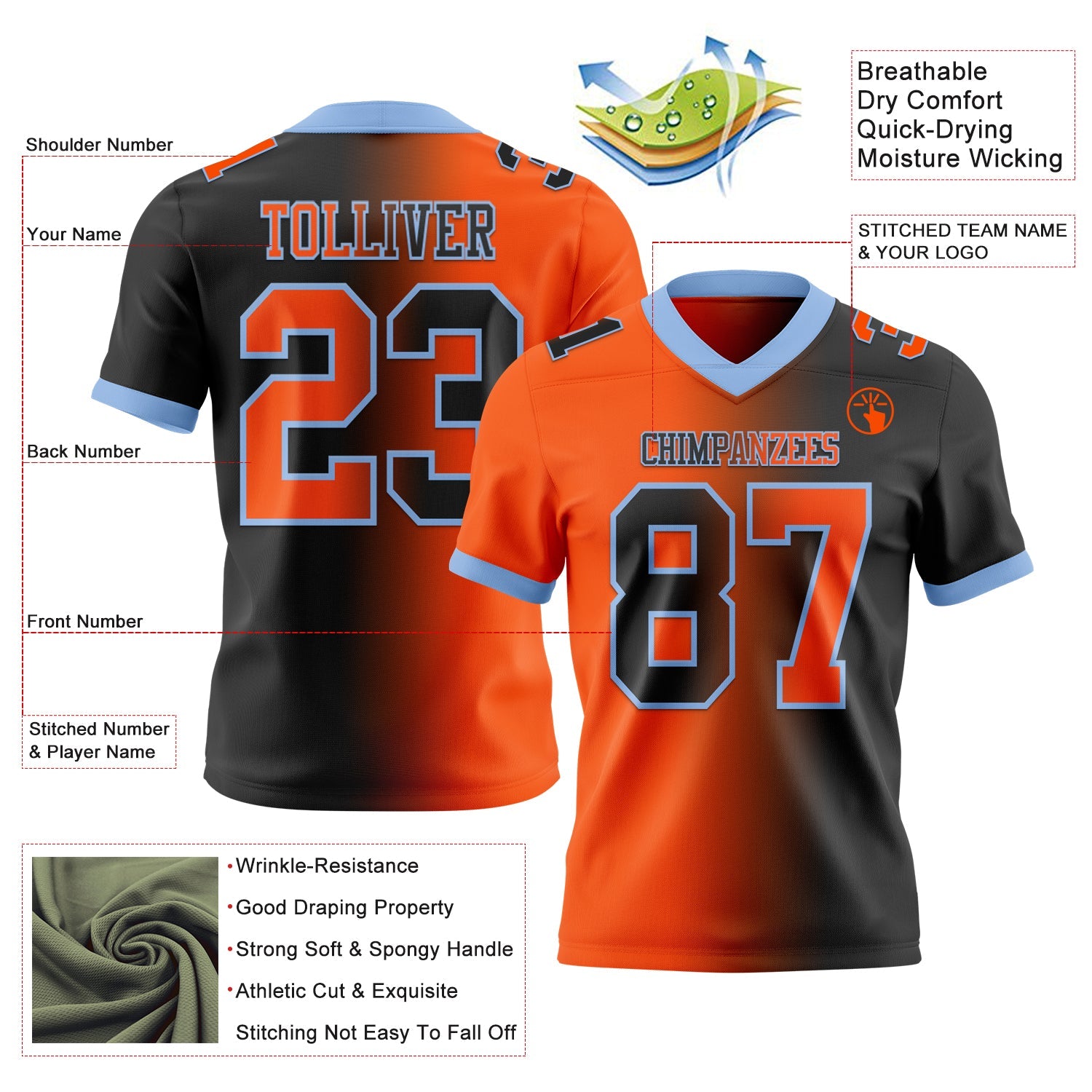 Custom Black Orange-Light Blue Authentic Gradient Fashion Football Jersey view 2