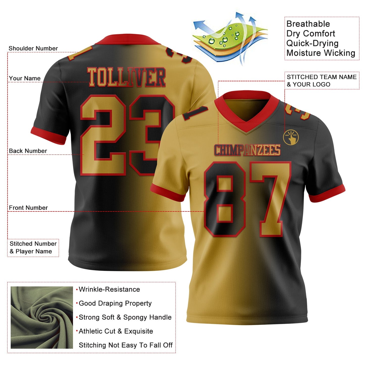 Custom Black Old Gold-Red Authentic Gradient Fashion Football Jersey view 2