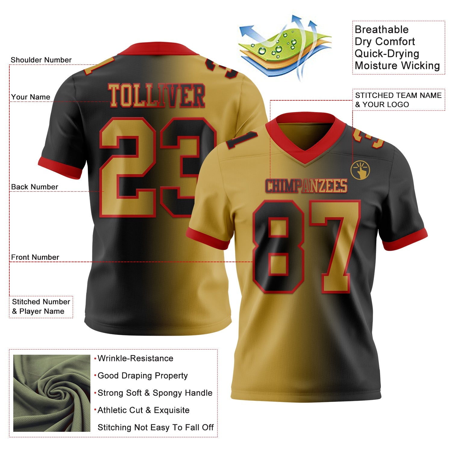 Custom Black Old Gold-Red Authentic Gradient Fashion Football Jersey view 2