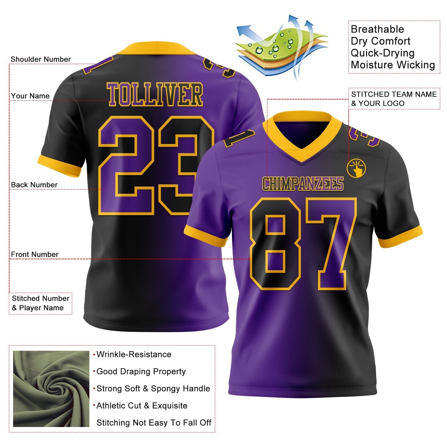 Custom Black Purple-Gold Authentic Gradient Fashion Football Jersey view 2