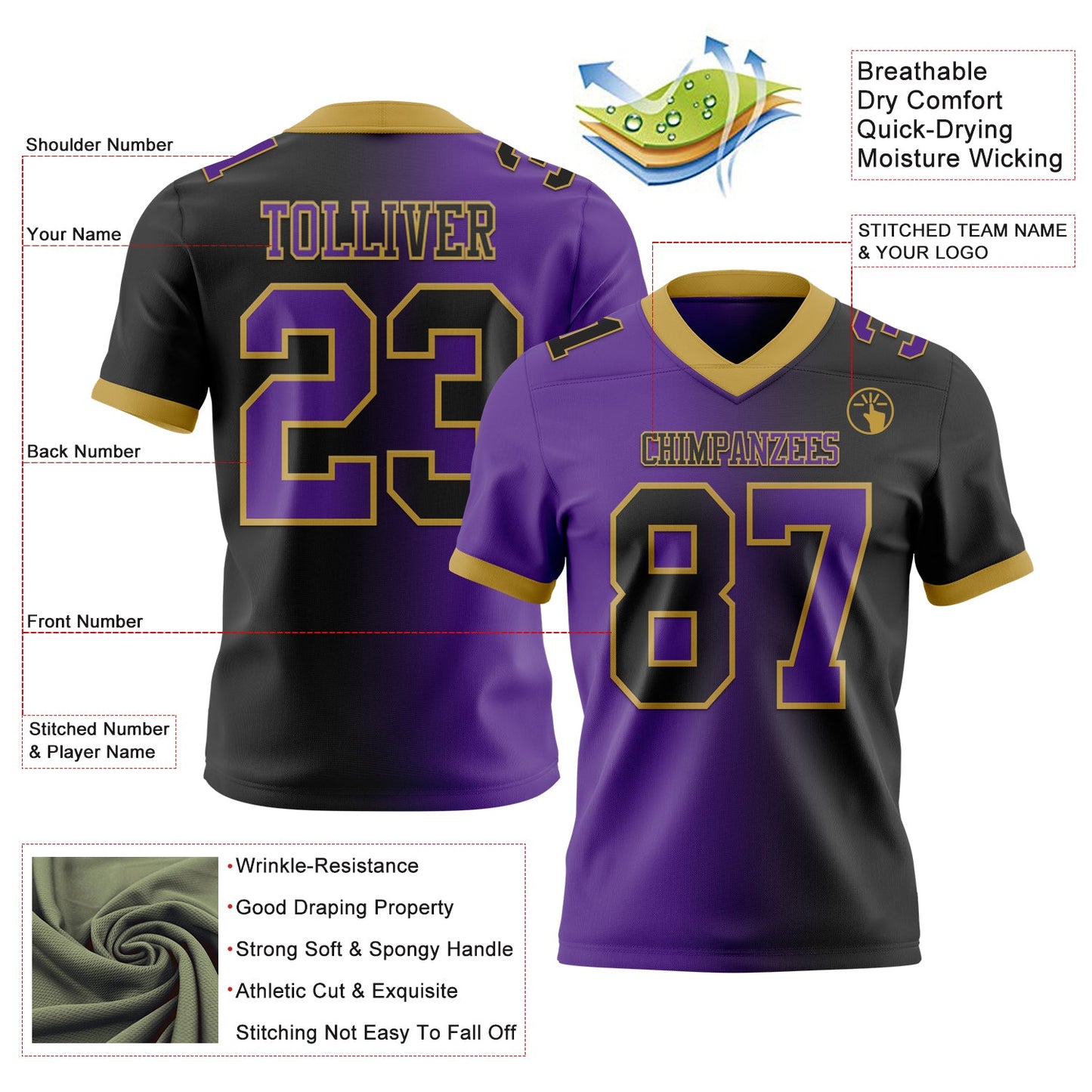Custom Black Purple-Old Gold Authentic Gradient Fashion Football Jersey view 2