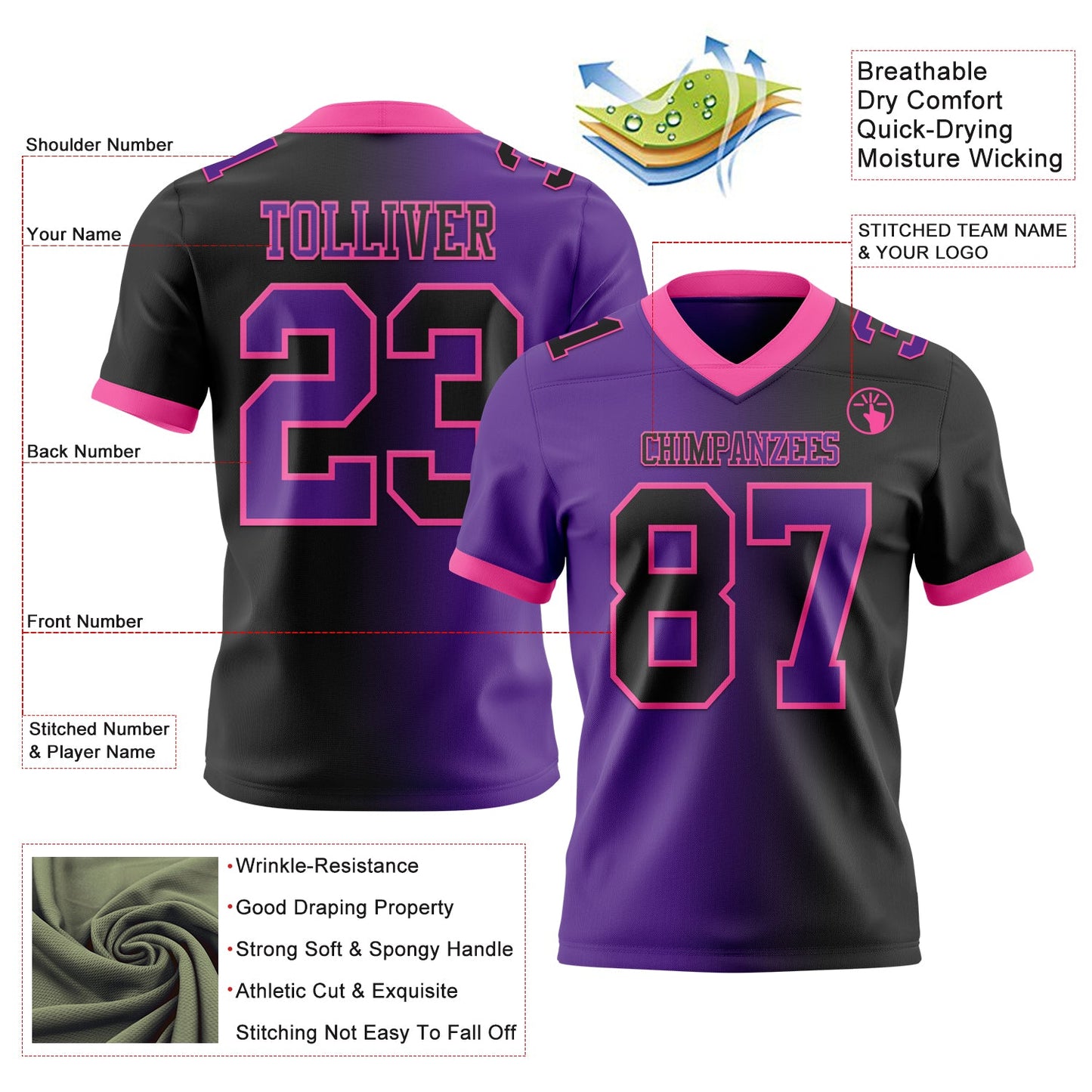 Custom Black Purple-Pink Authentic Gradient Fashion Football Jersey view 2
