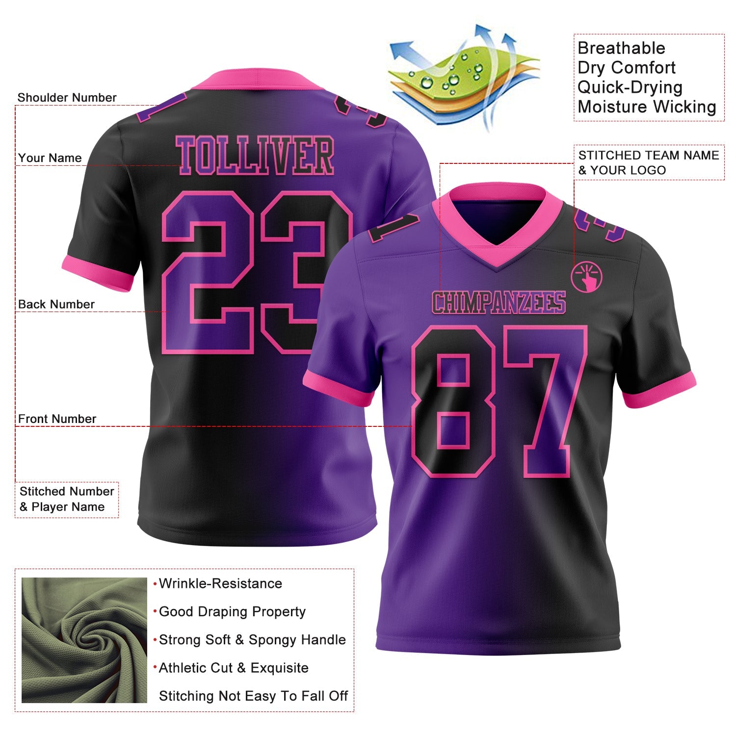 Custom Black Purple-Pink Authentic Gradient Fashion Football Jersey view 2