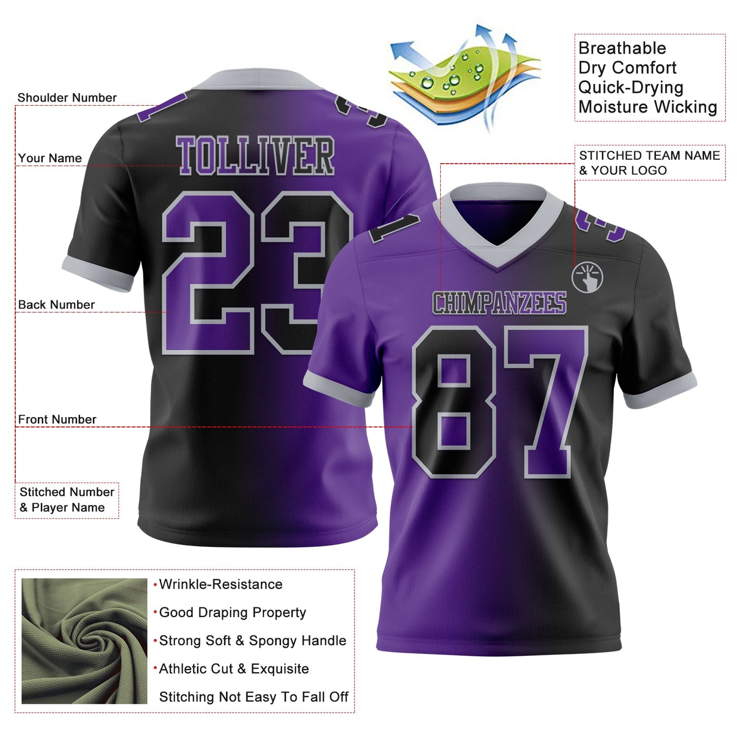 Custom Black Purple-Gray Authentic Gradient Fashion Football Jersey view 2