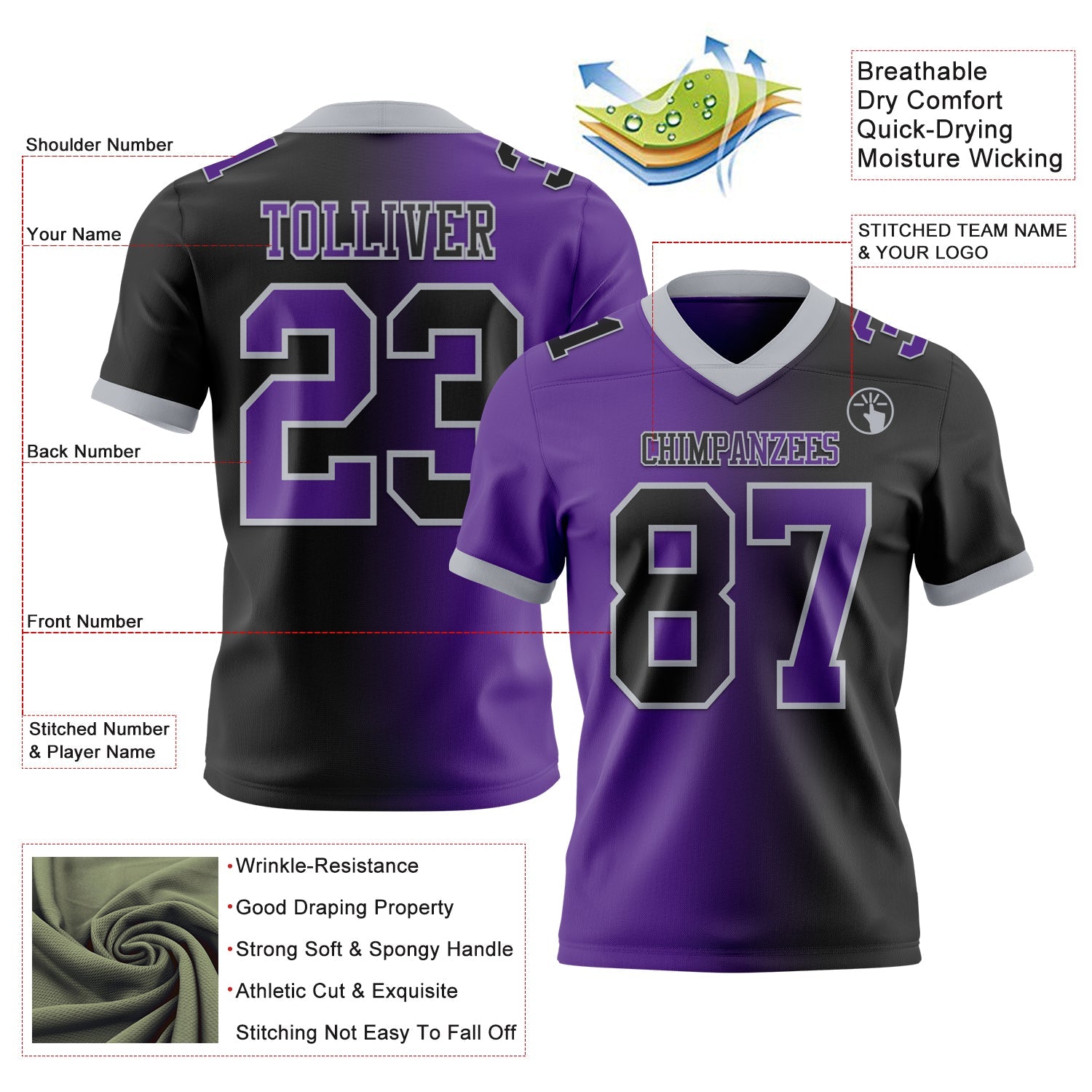 Custom Black Purple-Gray Authentic Gradient Fashion Football Jersey view 2