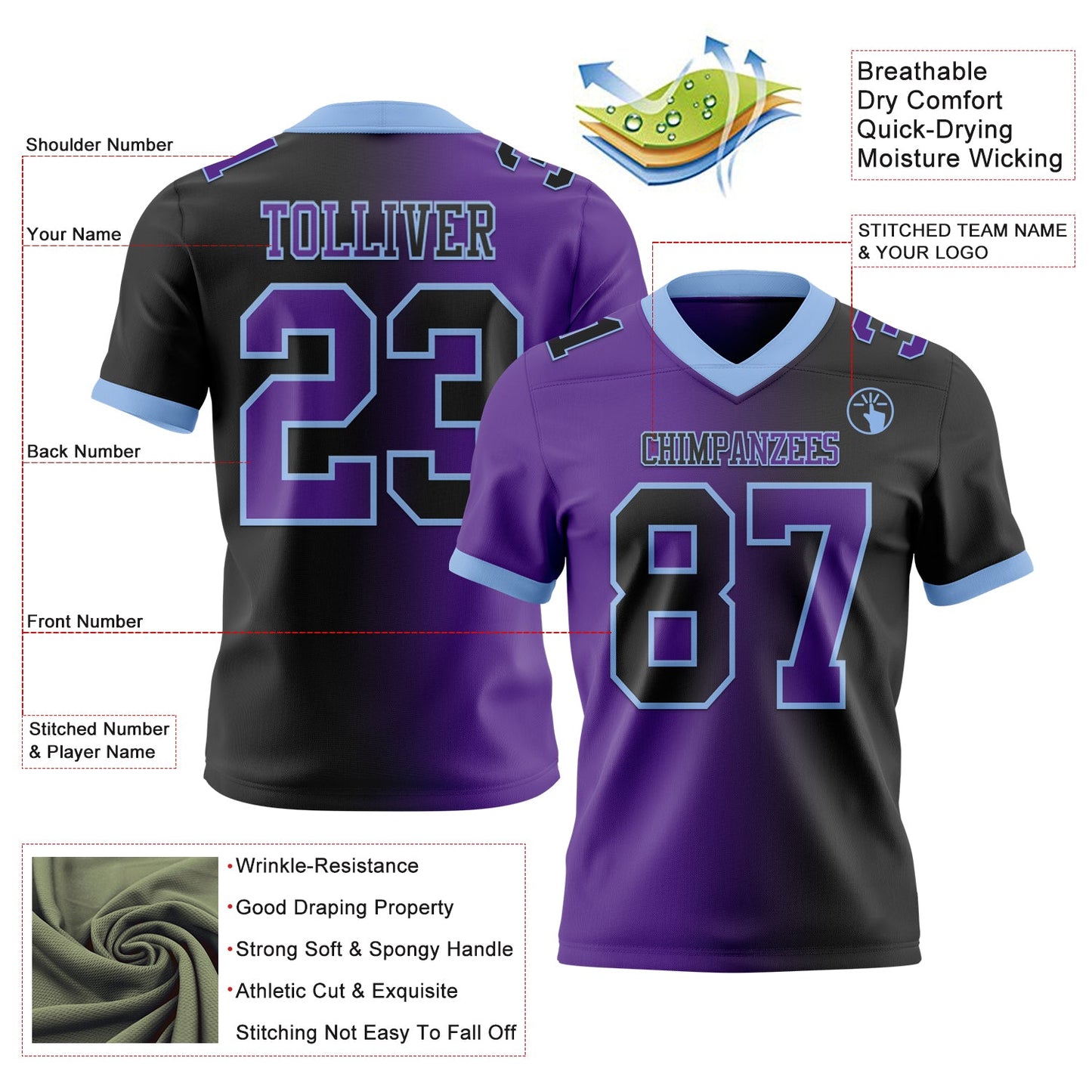 Custom Black Purple-Light Blue Authentic Gradient Fashion Football Jersey view 2