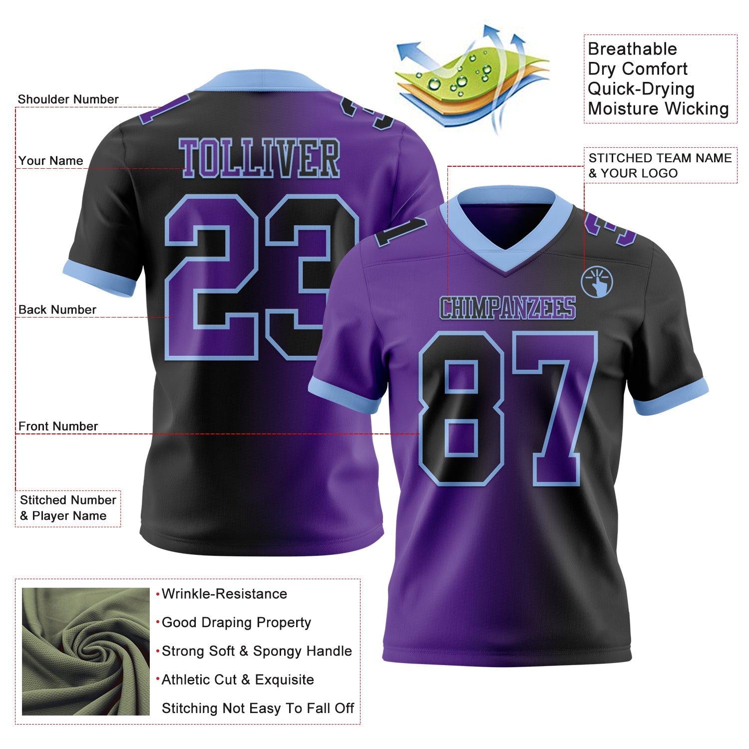 Custom Black Purple-Light Blue Authentic Gradient Fashion Football Jersey view 2