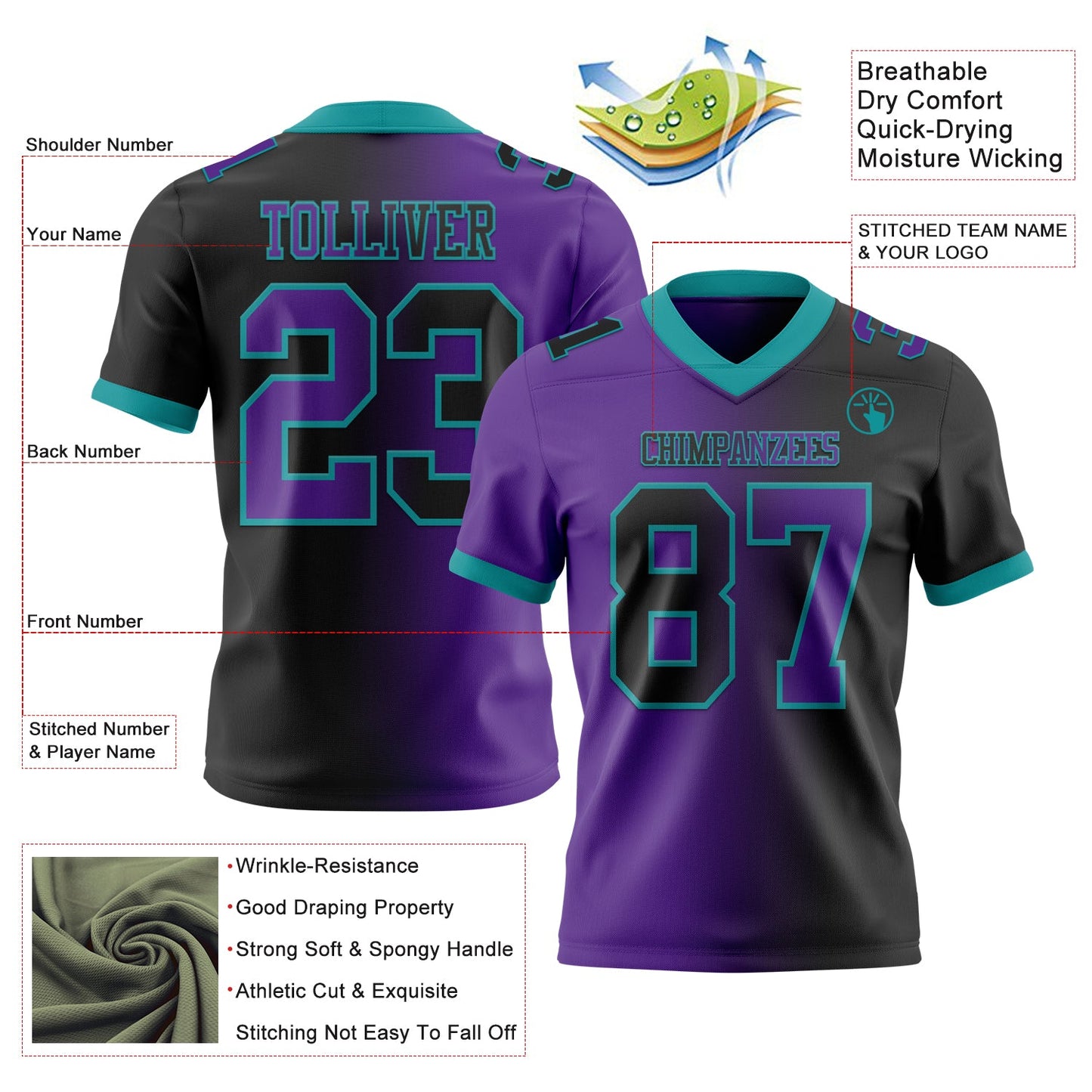 Custom Black Purple-Teal Authentic Gradient Fashion Football Jersey view 2