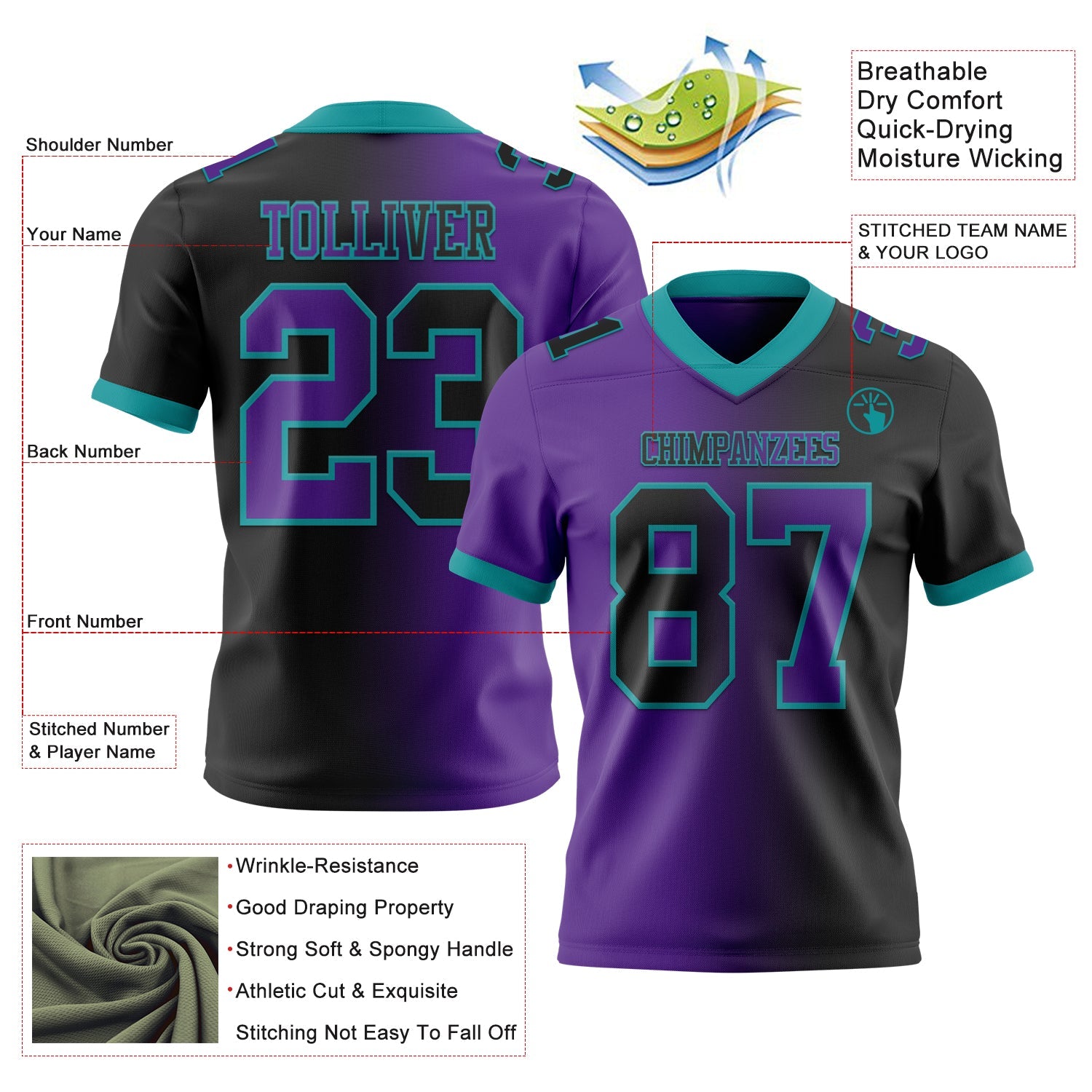 Custom Black Purple-Teal Authentic Gradient Fashion Football Jersey view 2