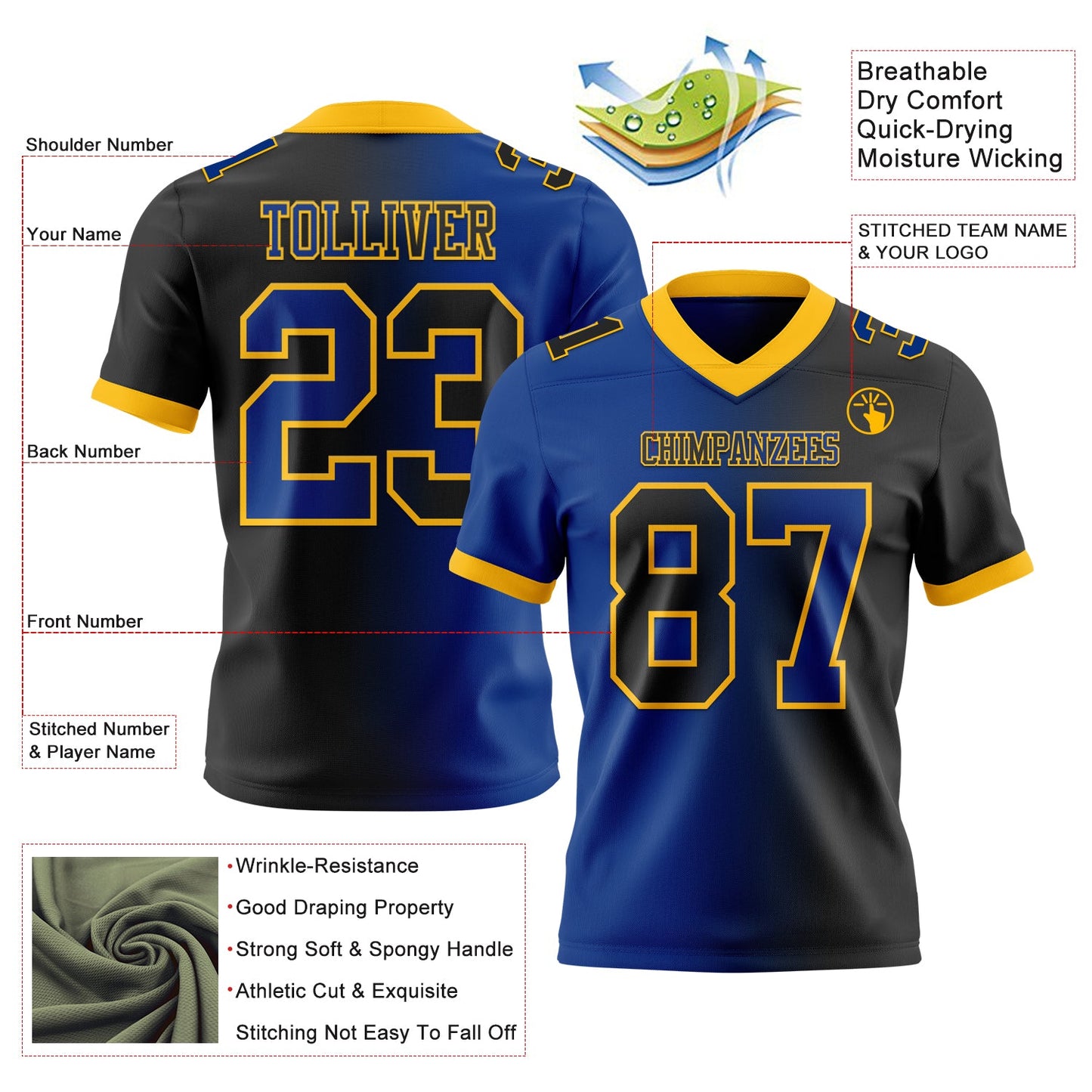 Custom Black Royal-Gold Authentic Gradient Fashion Football Jersey view 2