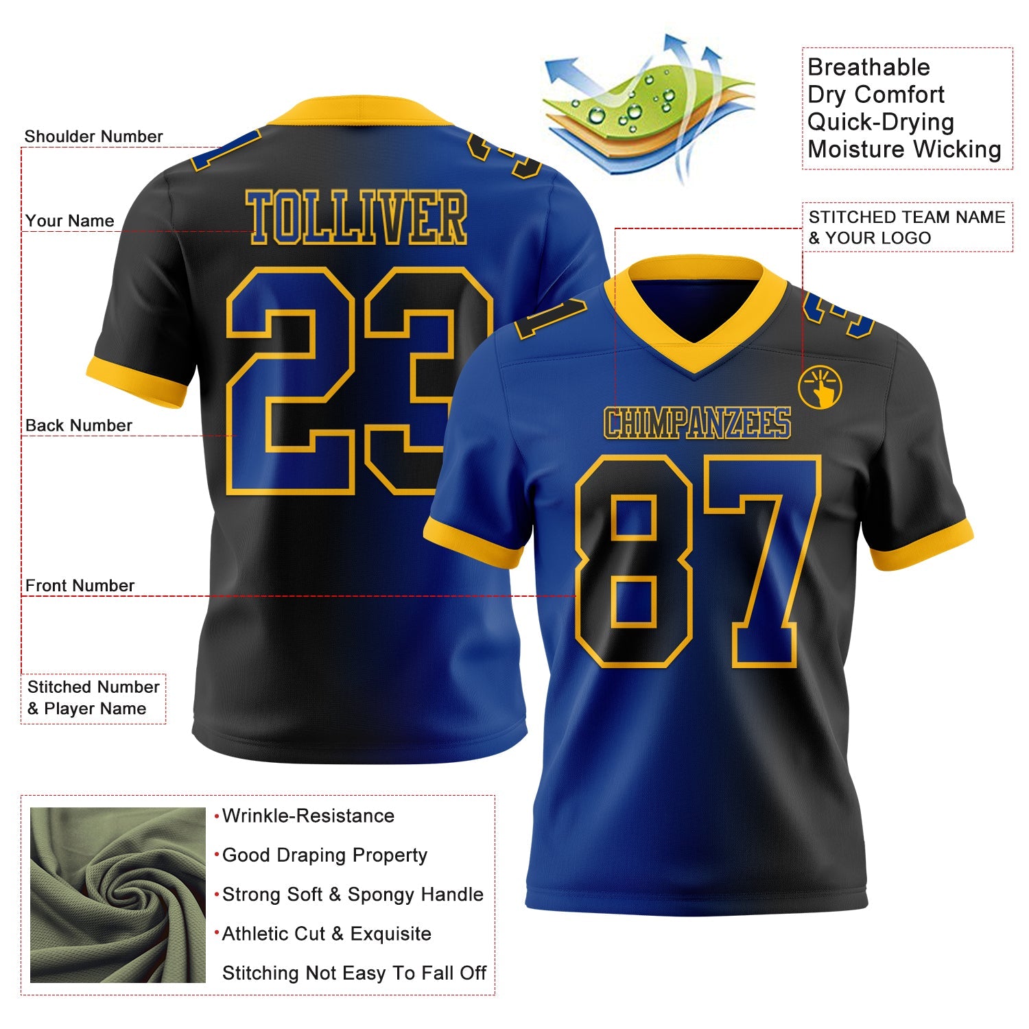 Custom Black Royal-Gold Authentic Gradient Fashion Football Jersey view 2