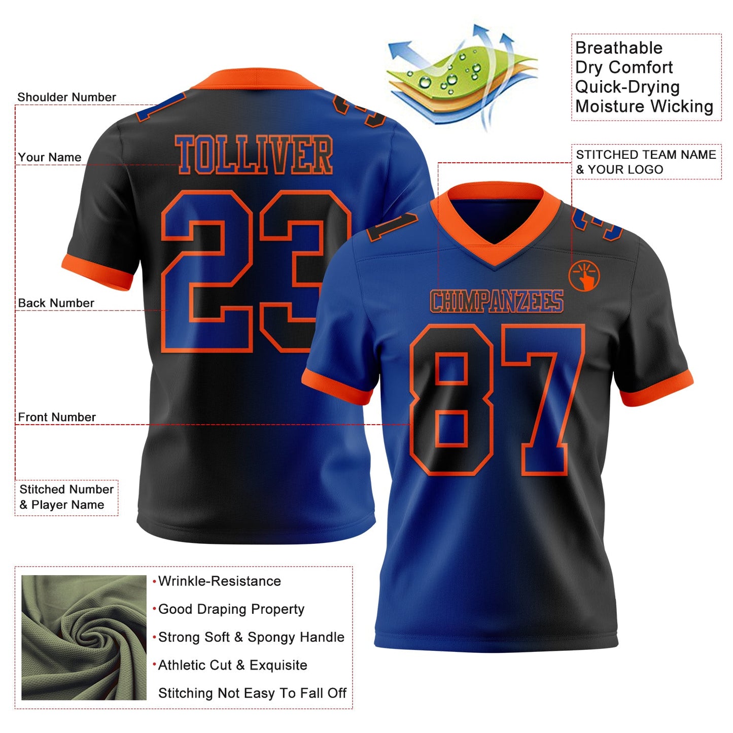 Custom Black Royal-Orange Authentic Gradient Fashion Football Jersey view 2
