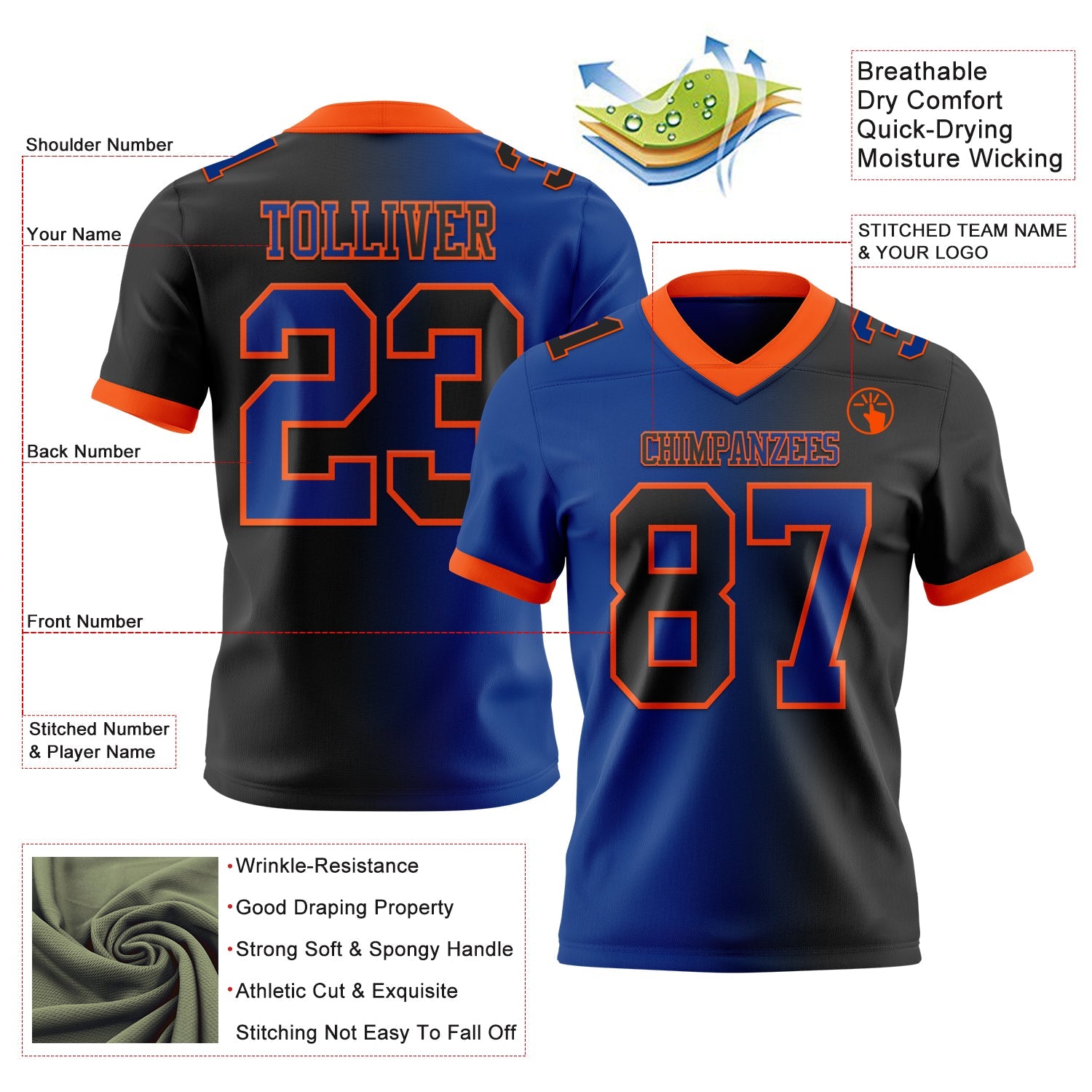 Custom Black Royal-Orange Authentic Gradient Fashion Football Jersey view 2