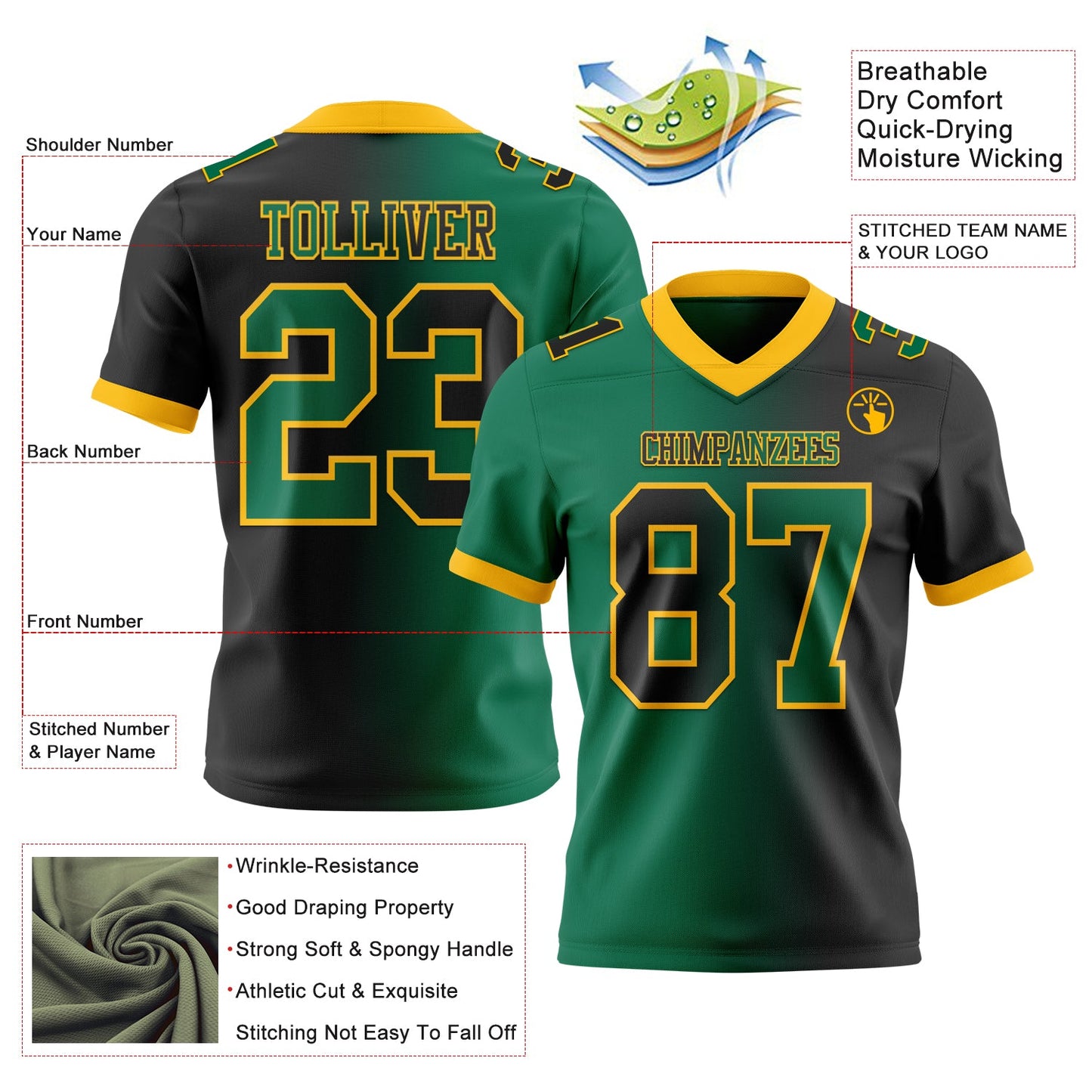 Custom Black Kelly Green-Gold Authentic Gradient Fashion Football Jersey view 2