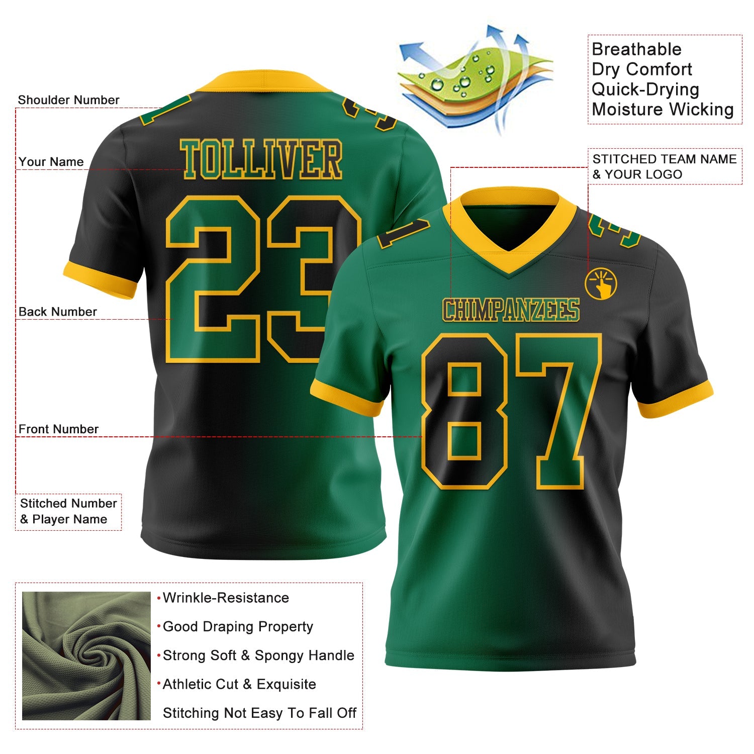 Custom Black Kelly Green-Gold Authentic Gradient Fashion Football Jersey view 2