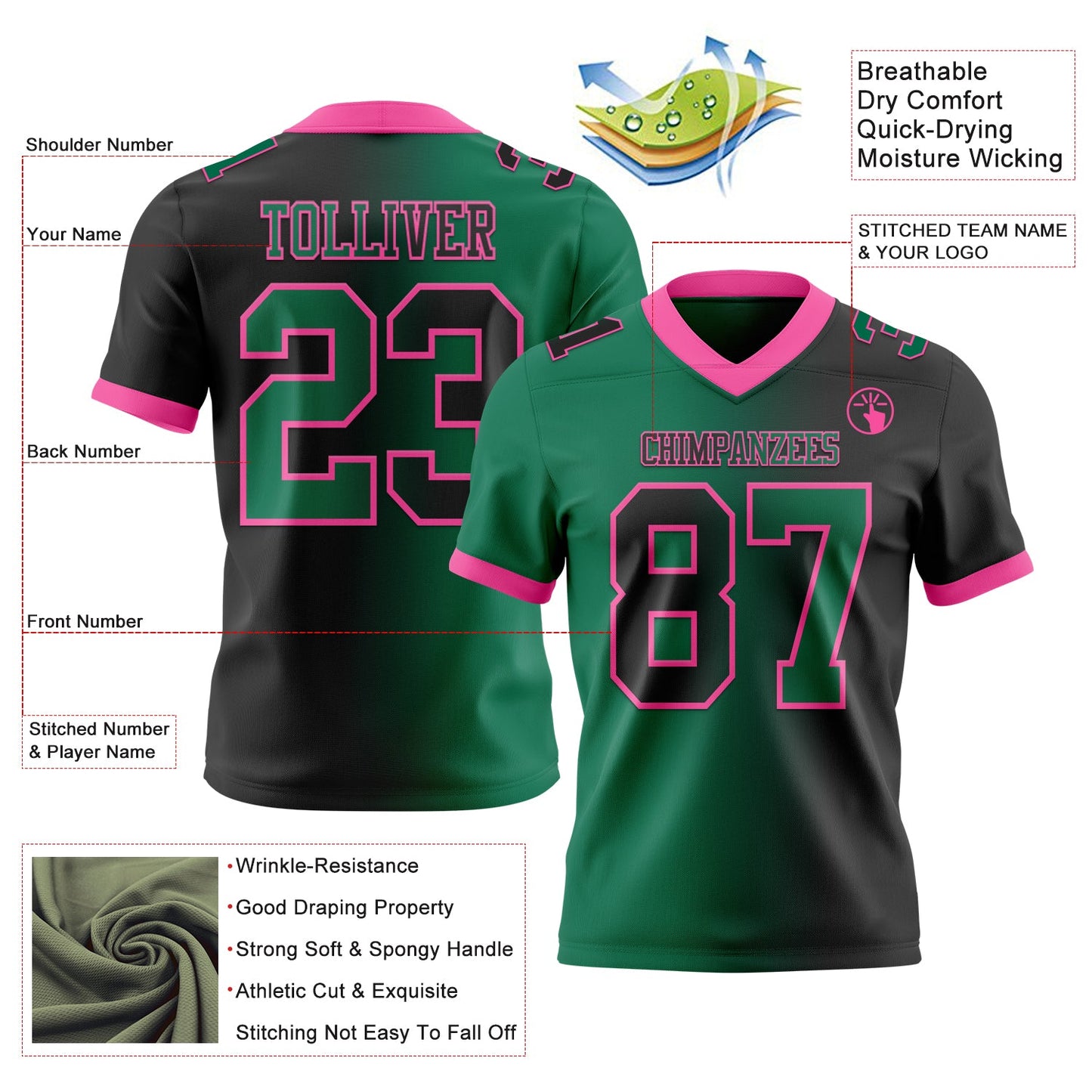 Custom Black Kelly Green-Pink Authentic Gradient Fashion Football Jersey view 2
