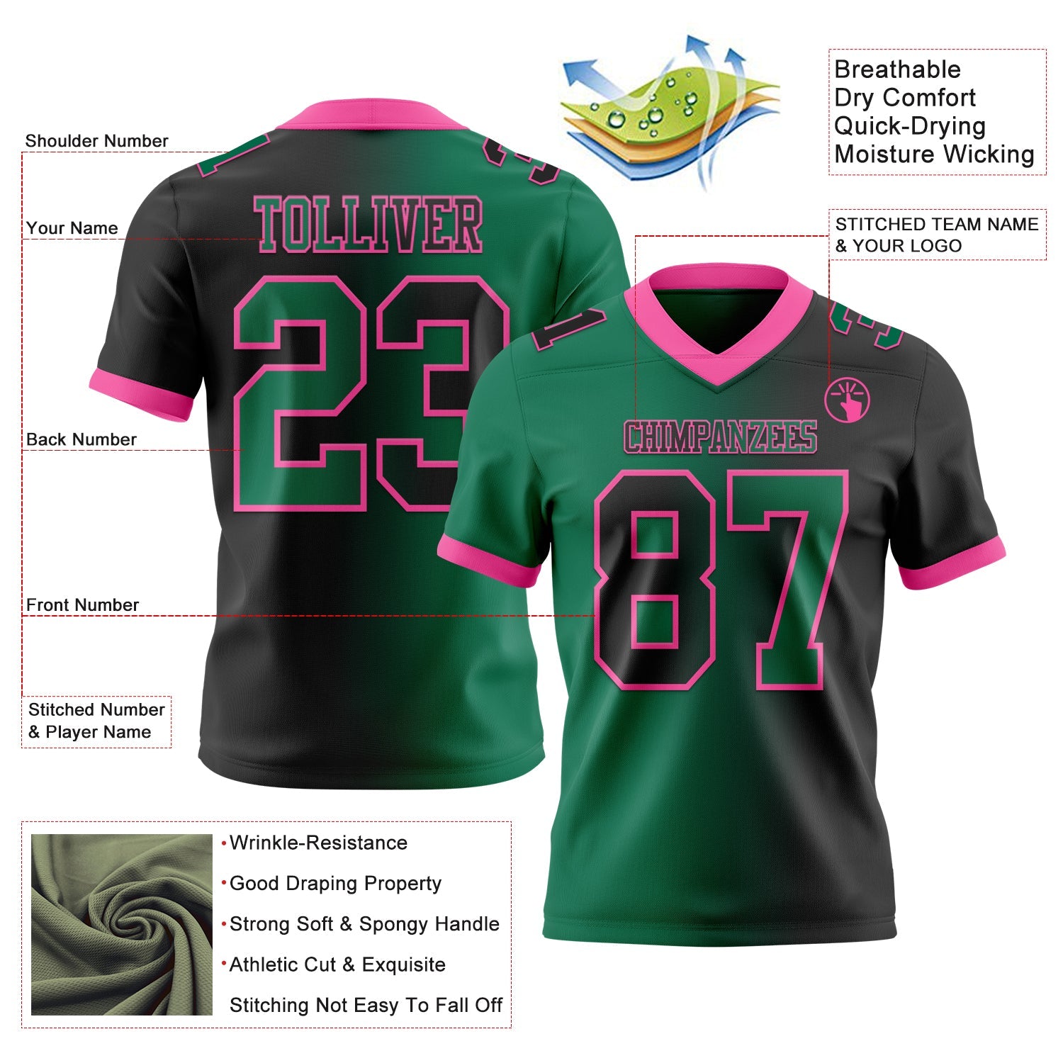 Custom Black Kelly Green-Pink Authentic Gradient Fashion Football Jersey view 2