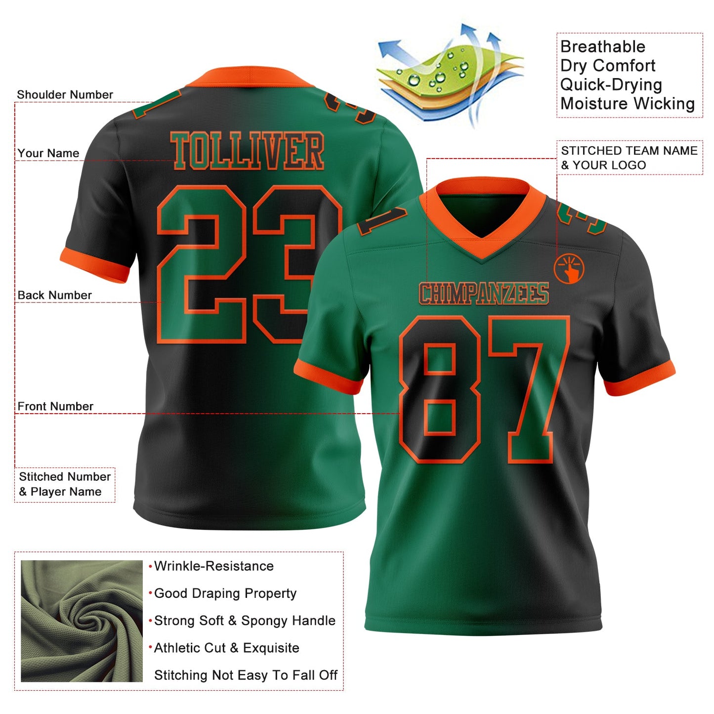 Custom Black Kelly Green-Orange Authentic Gradient Fashion Football Jersey view 2