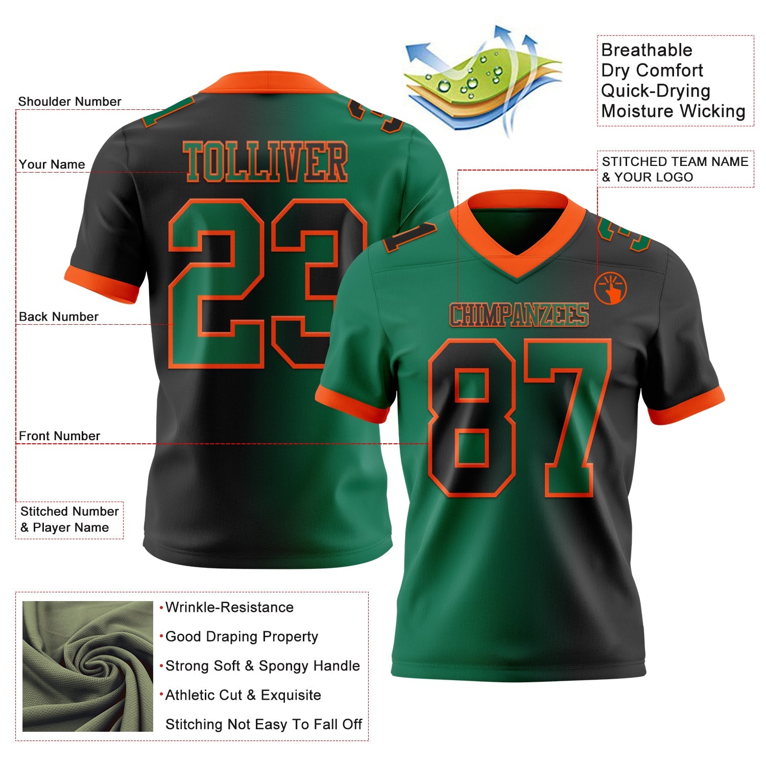 Custom Black Kelly Green-Orange Authentic Gradient Fashion Football Jersey view 2