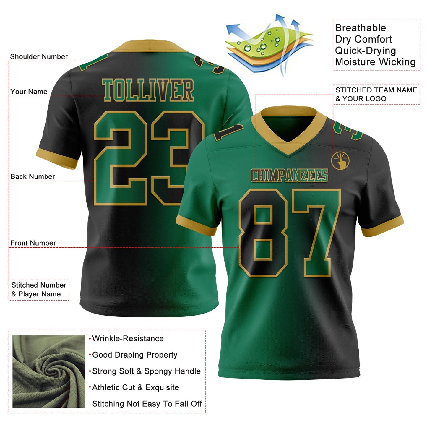 Custom Black Kelly Green-Old Gold Authentic Gradient Fashion Football Jersey view 2