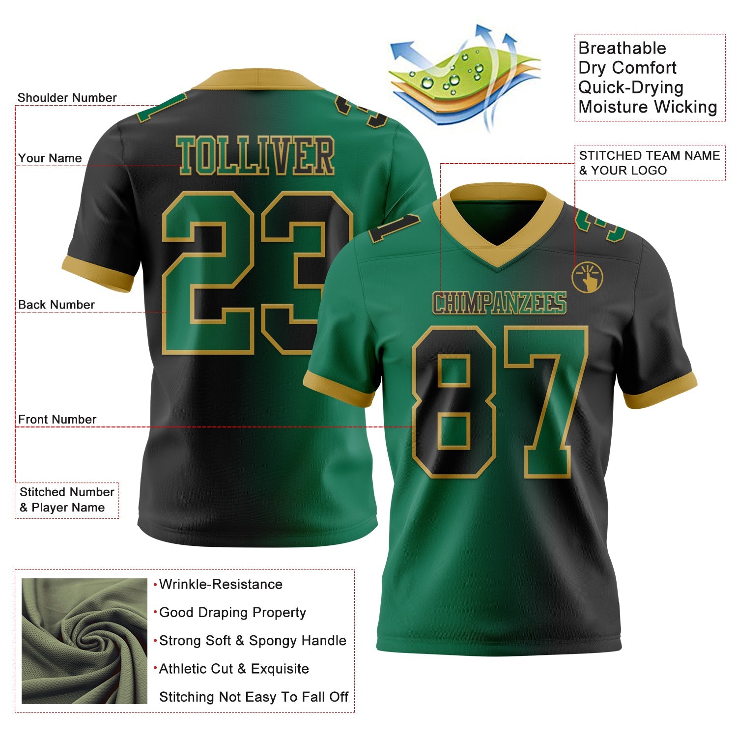 Custom Black Kelly Green-Old Gold Authentic Gradient Fashion Football Jersey view 2