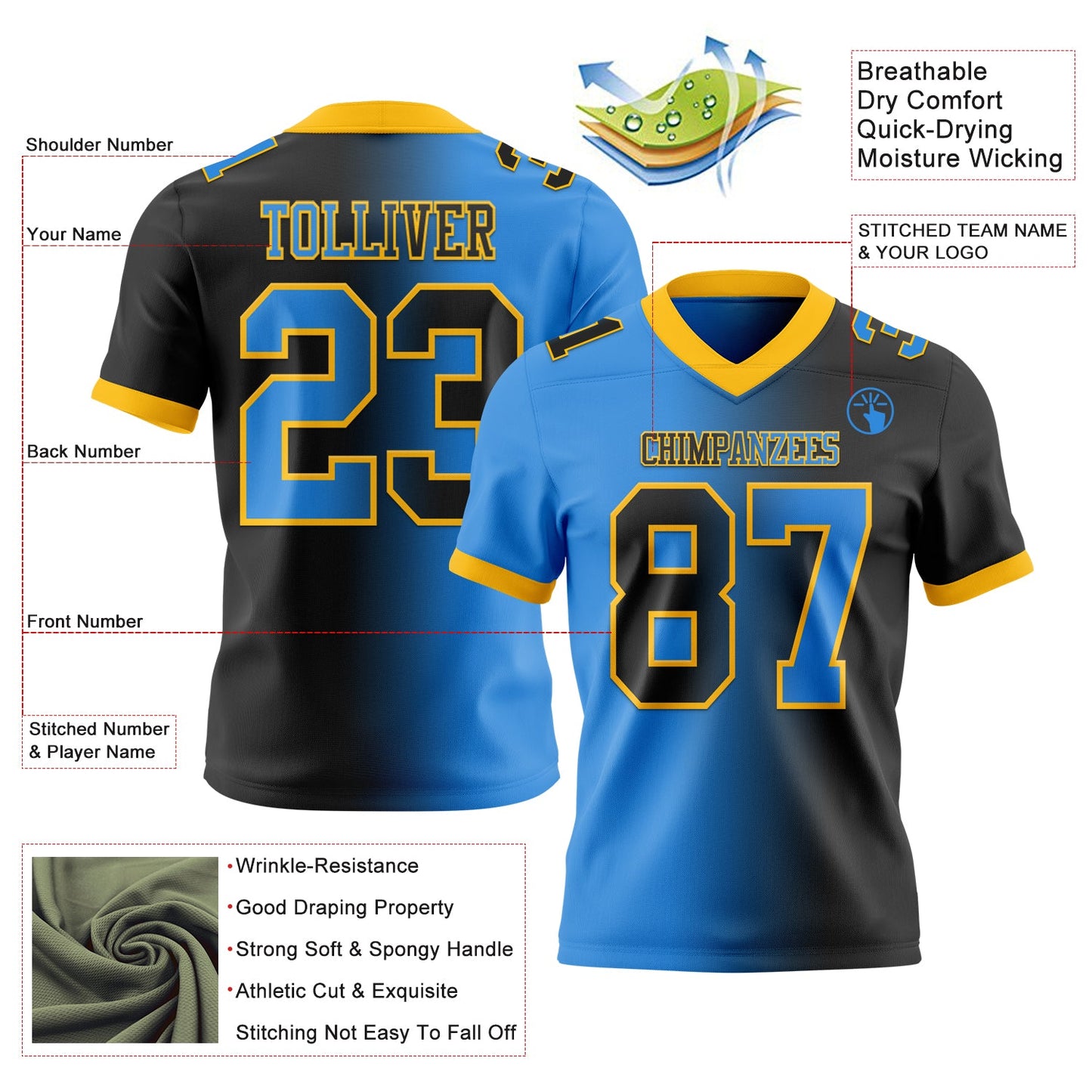 Custom Black Powder Blue-Gold Authentic Gradient Fashion Football Jersey view 2