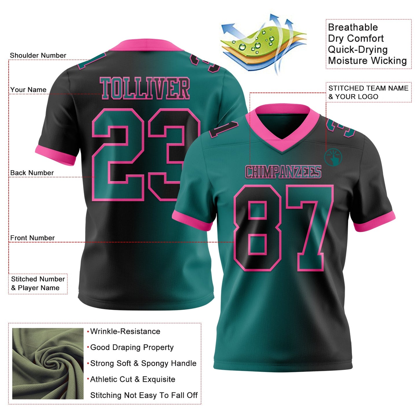 Custom Black Teal-Pink Authentic Gradient Fashion Football Jersey view 2