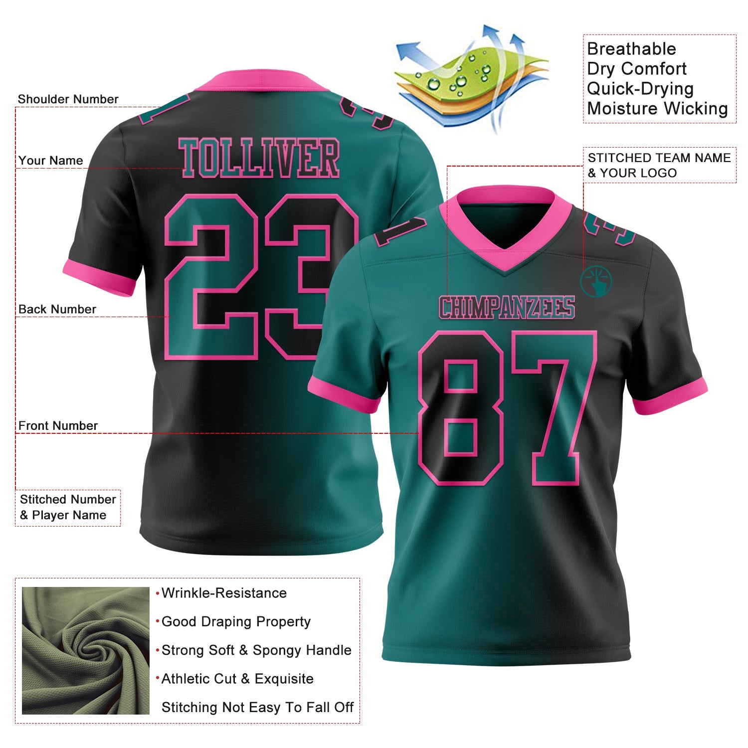Custom Black Teal-Pink Authentic Gradient Fashion Football Jersey view 2