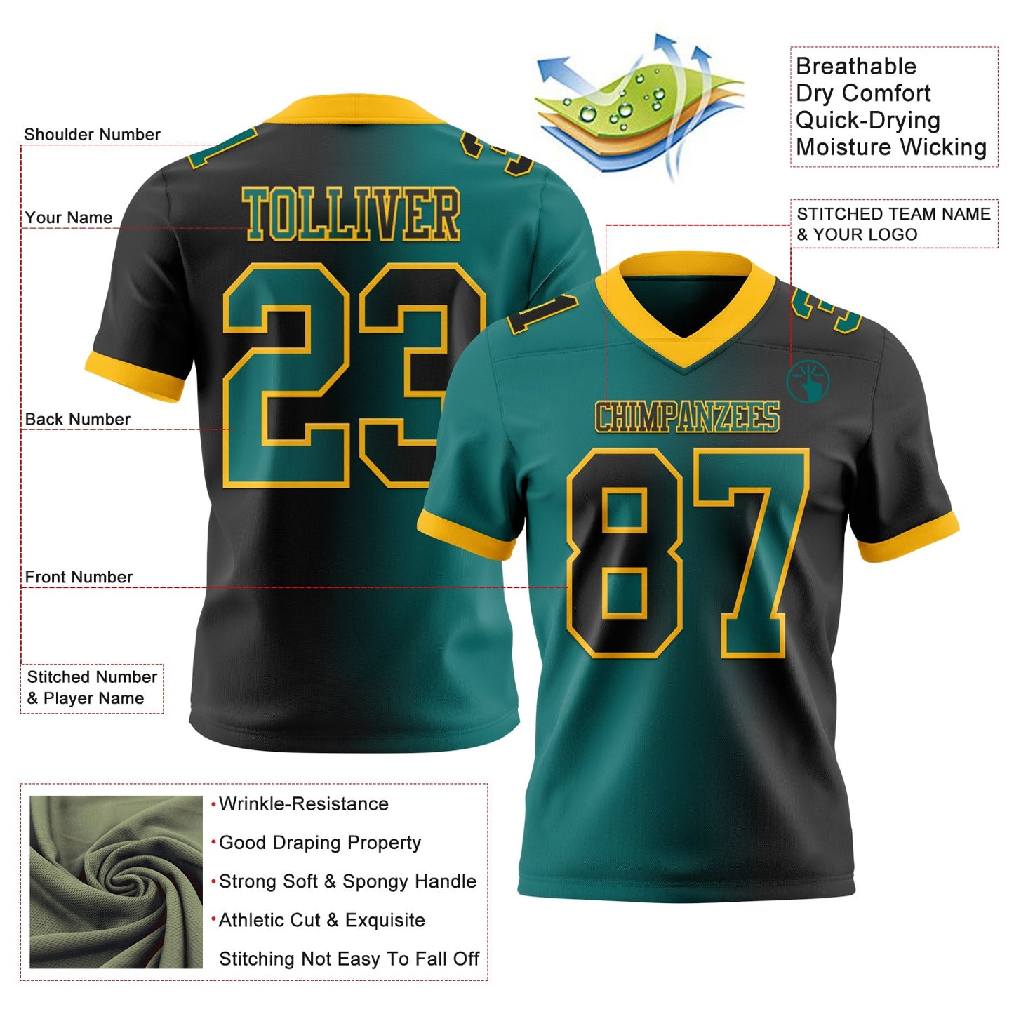 Custom Black Teal-Gold Authentic Gradient Fashion Football Jersey view 2