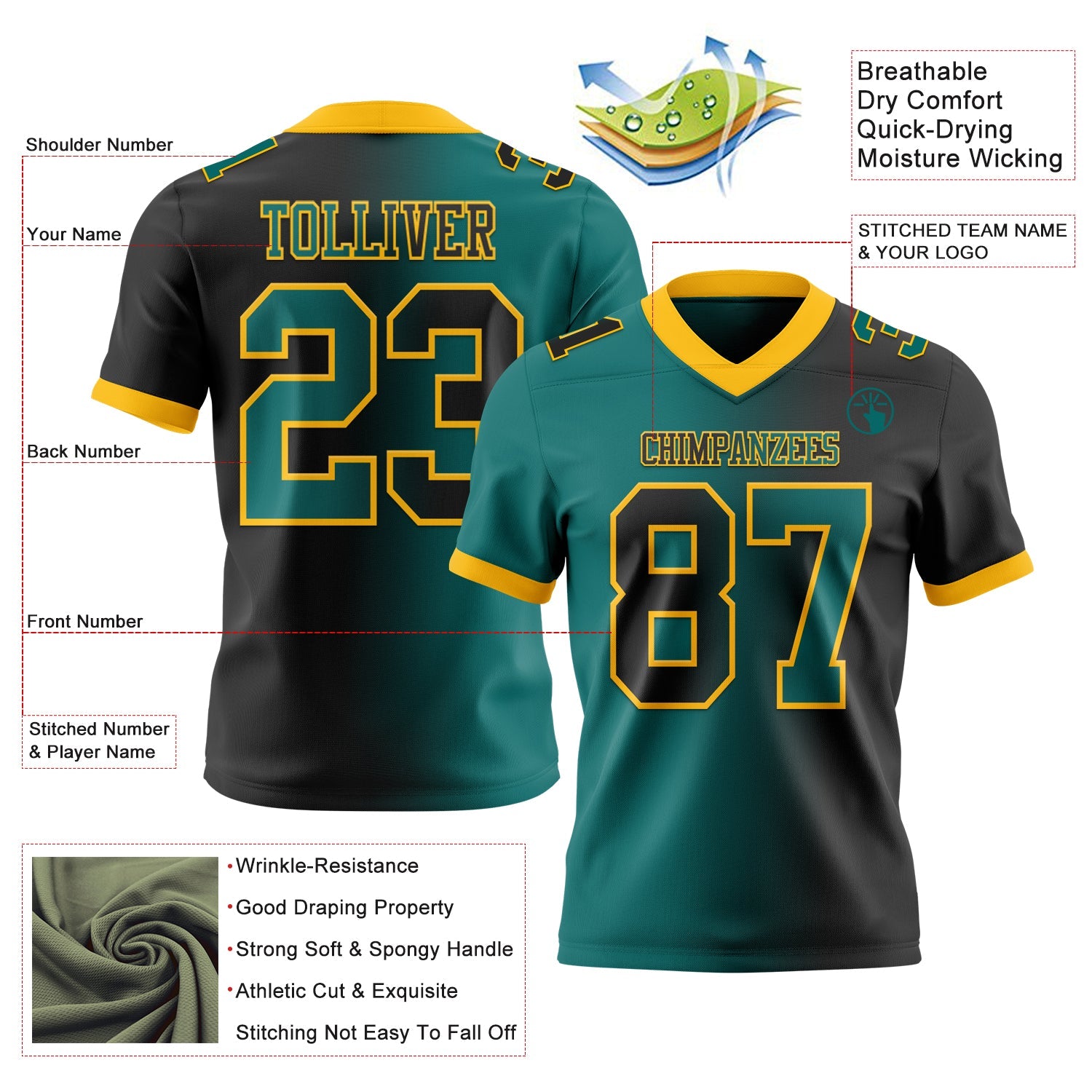 Custom Black Teal-Gold Authentic Gradient Fashion Football Jersey view 2