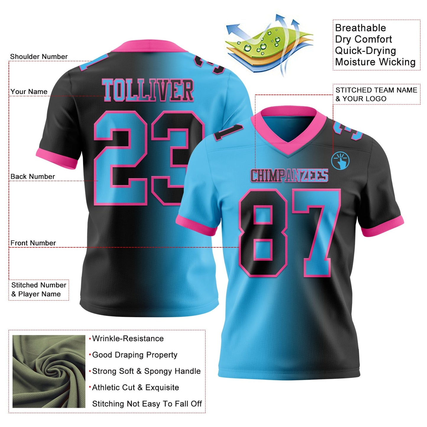 Custom Black Sky Blue-Pink Authentic Gradient Fashion Football Jersey view 2