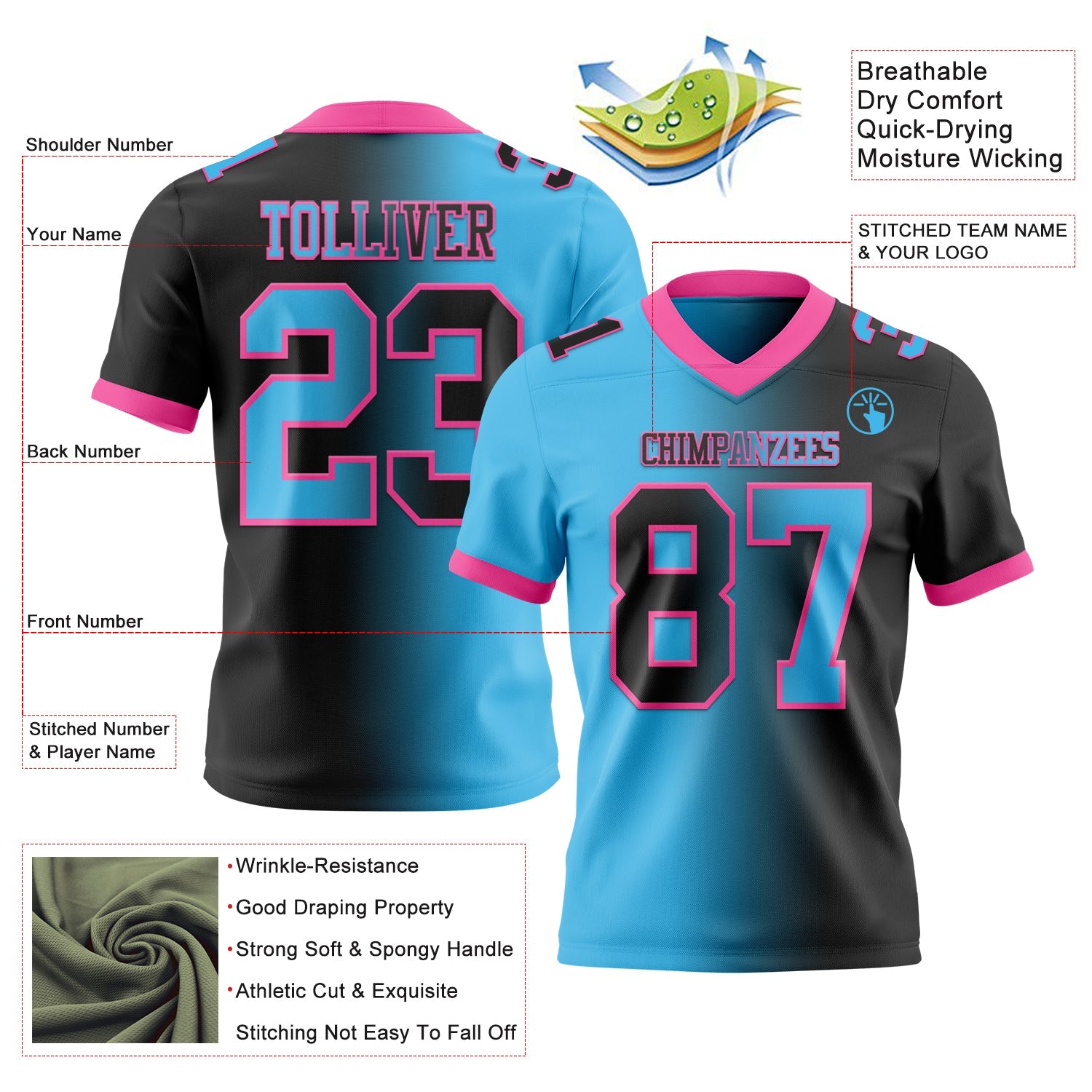 Custom Black Sky Blue-Pink Authentic Gradient Fashion Football Jersey view 2