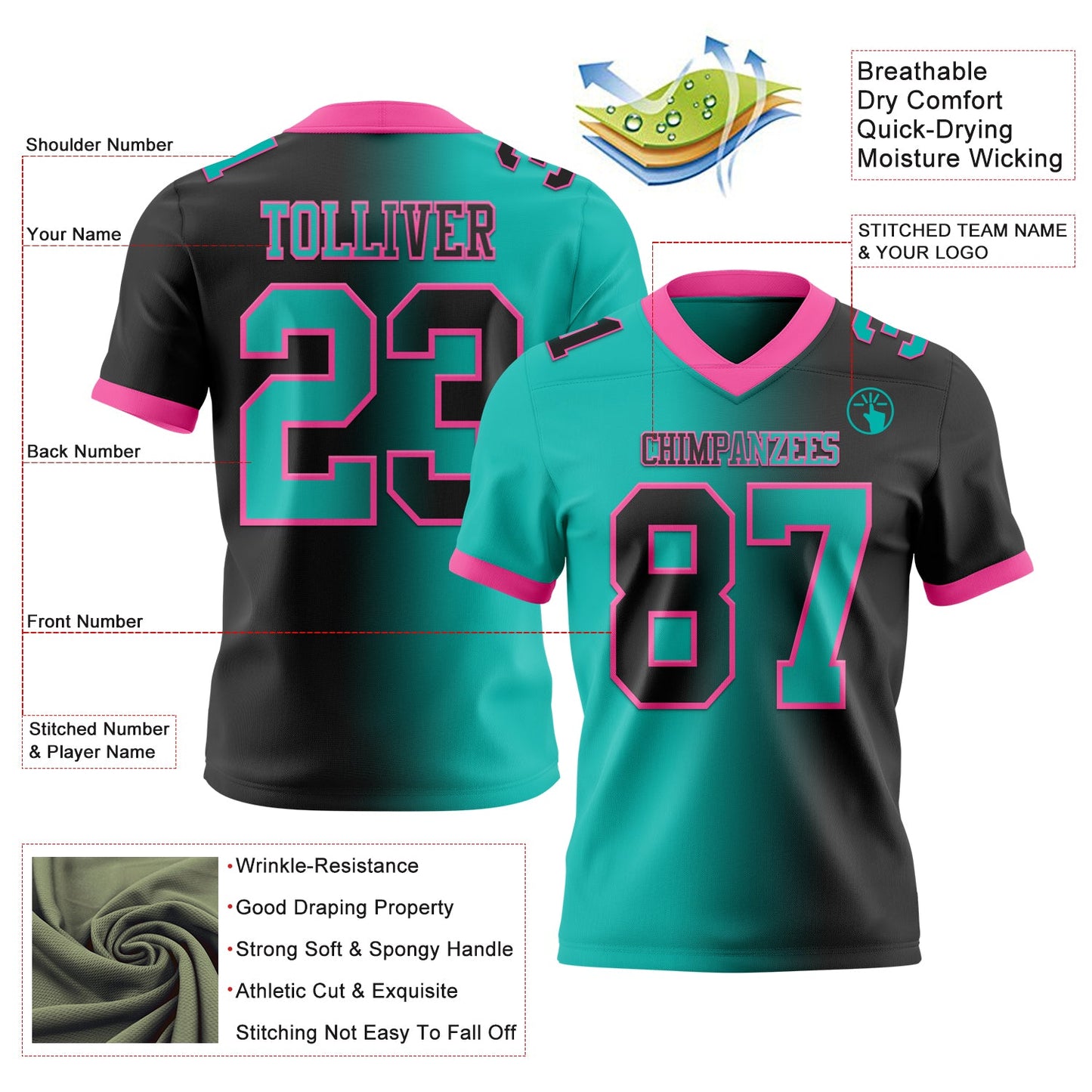 Custom Black Aqua-Pink Authentic Gradient Fashion Football Jersey view 2