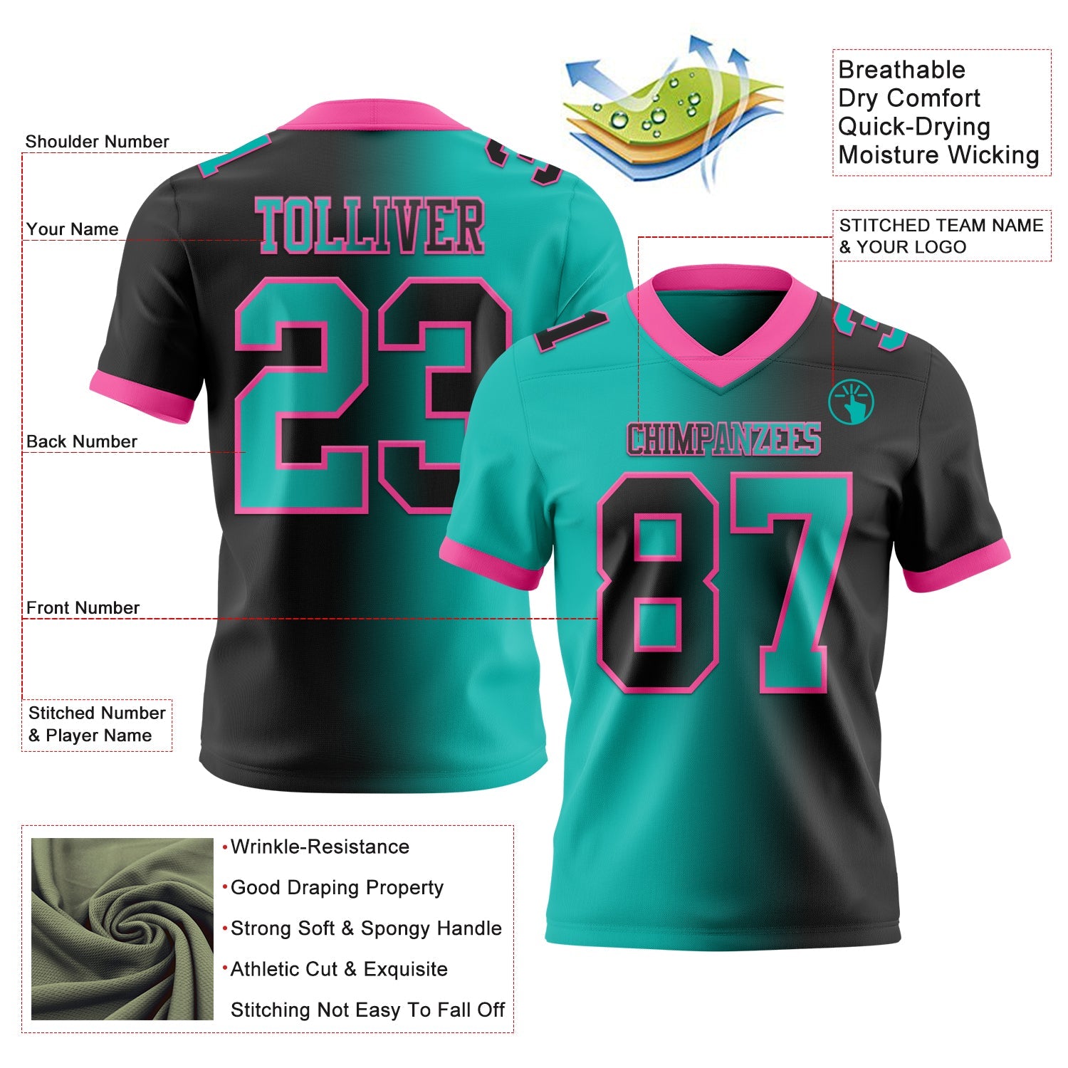 Custom Black Aqua-Pink Authentic Gradient Fashion Football Jersey view 2