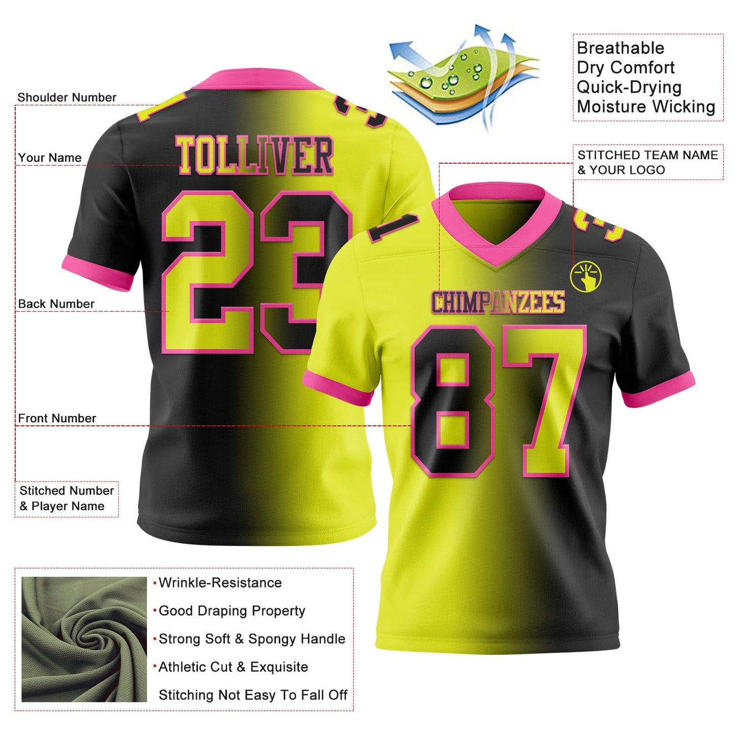 Custom Black Neon Yellow-Pink Authentic Gradient Fashion Football Jersey view 2
