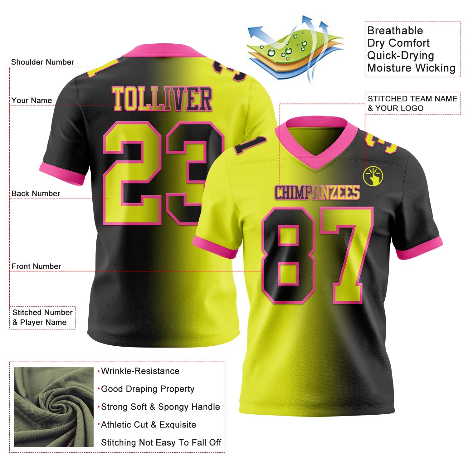 Custom Black Neon Yellow-Pink Authentic Gradient Fashion Football Jersey view 2