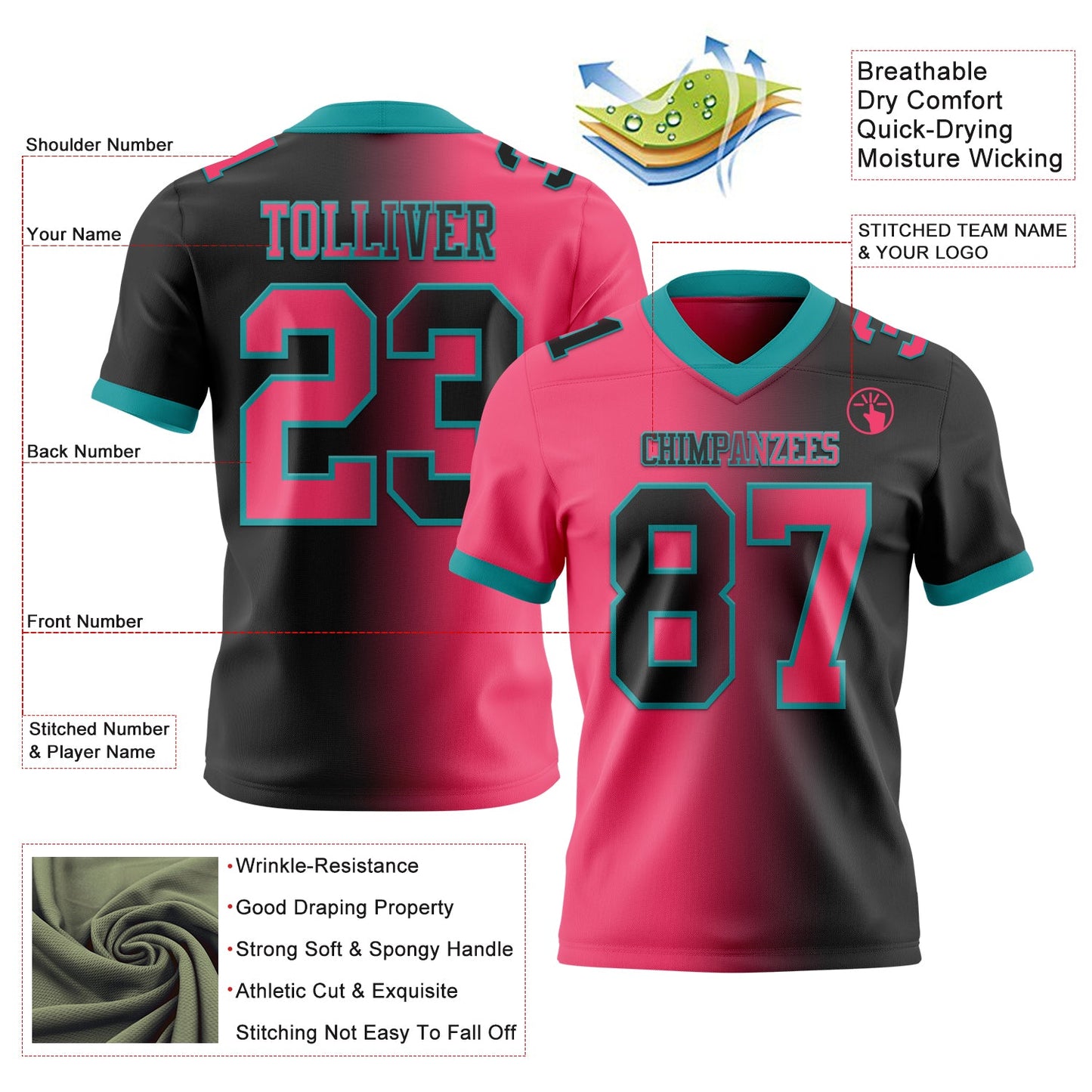 Custom Black Neon Pink-Teal Authentic Gradient Fashion Football Jersey view 2