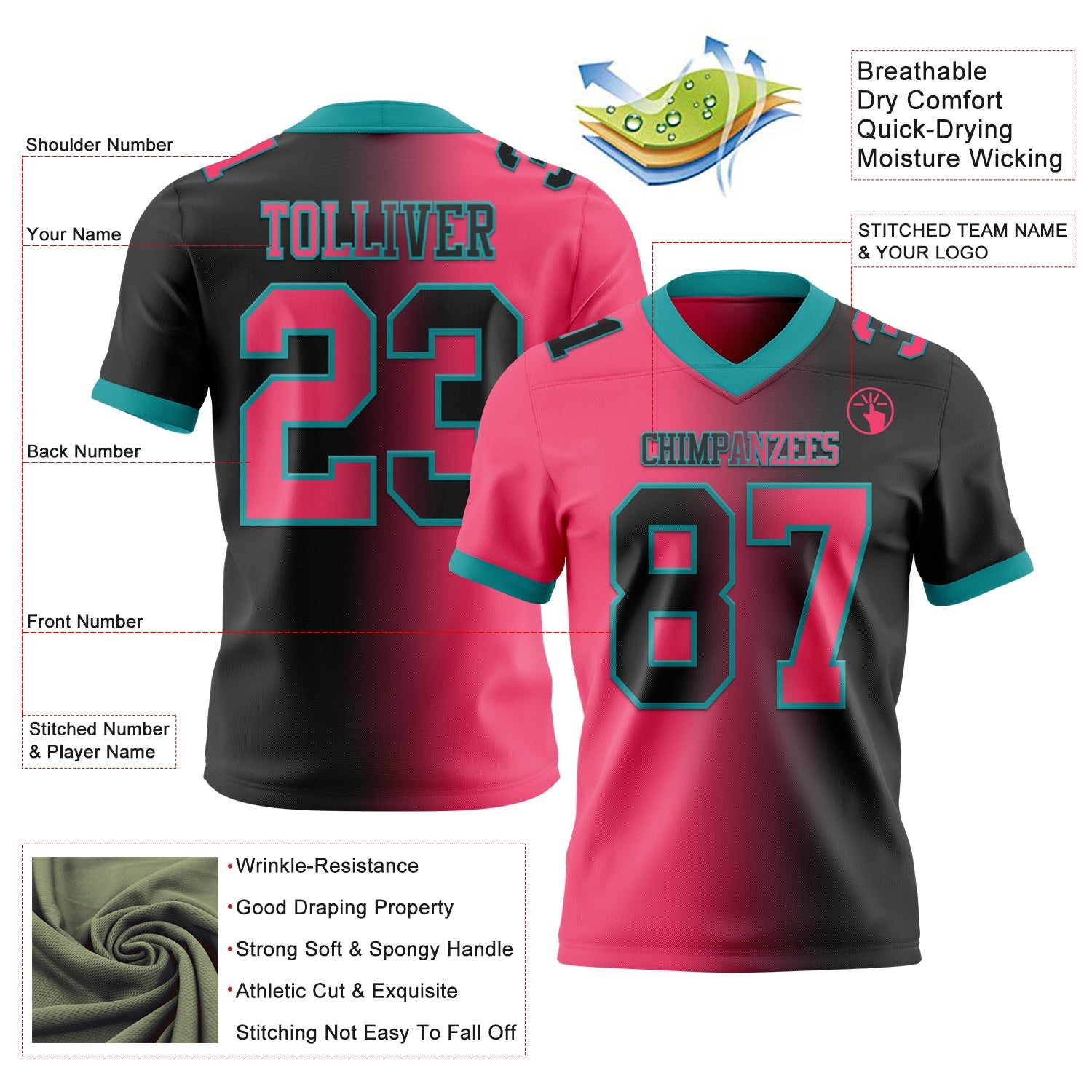 Custom Black Neon Pink-Teal Authentic Gradient Fashion Football Jersey view 2