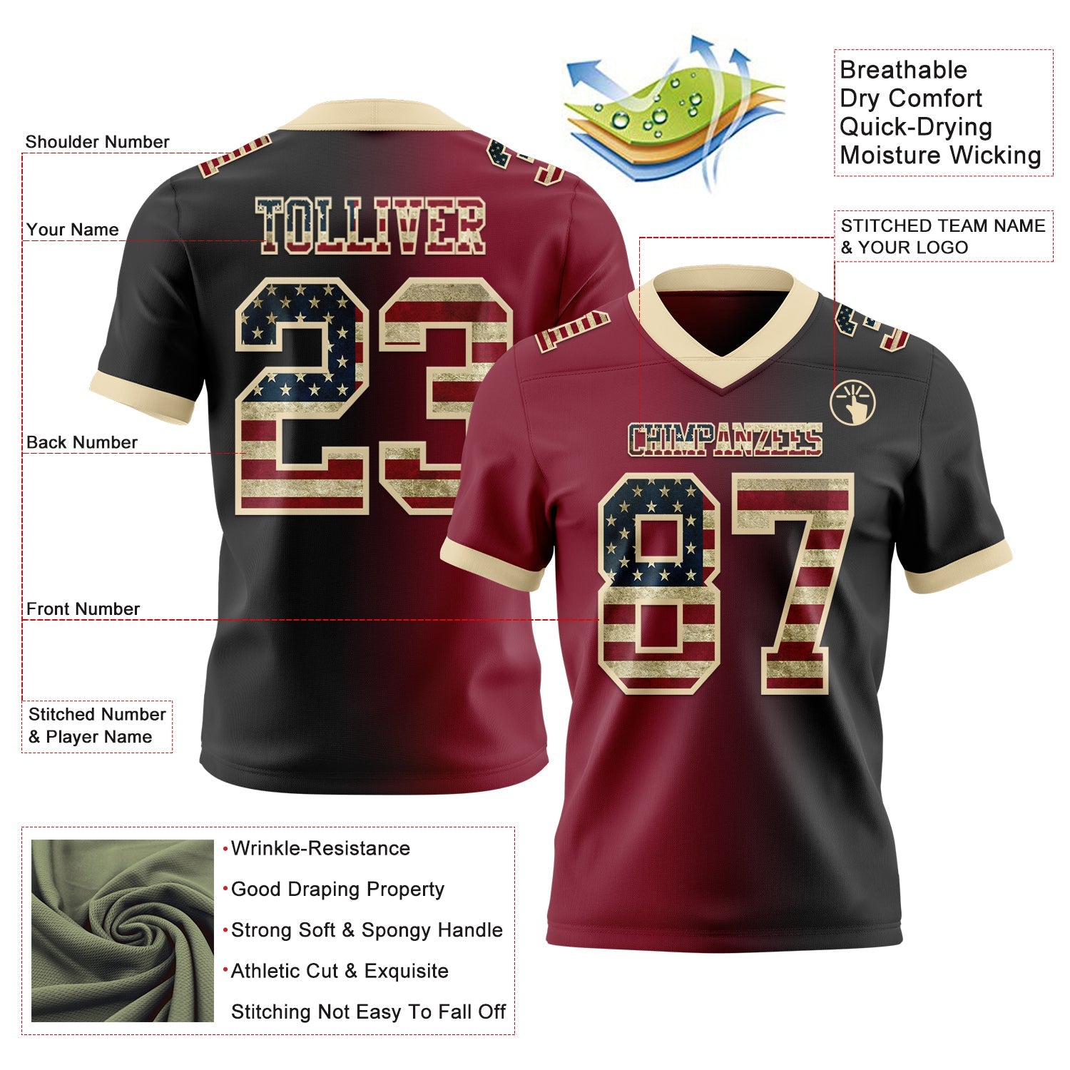 Custom Black Vintage USA Flag Crimson-Cream Authentic Gradient Fashion Football Jersey view 2