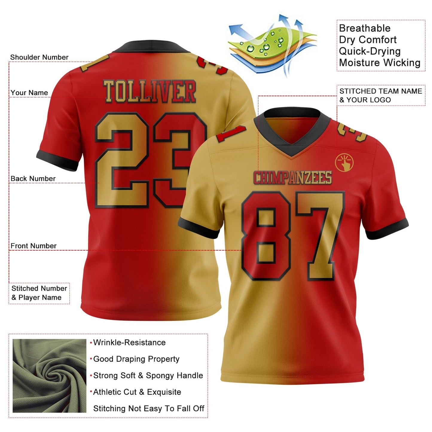 Custom Red Old Gold-Black Authentic Gradient Fashion Football Jersey view 2