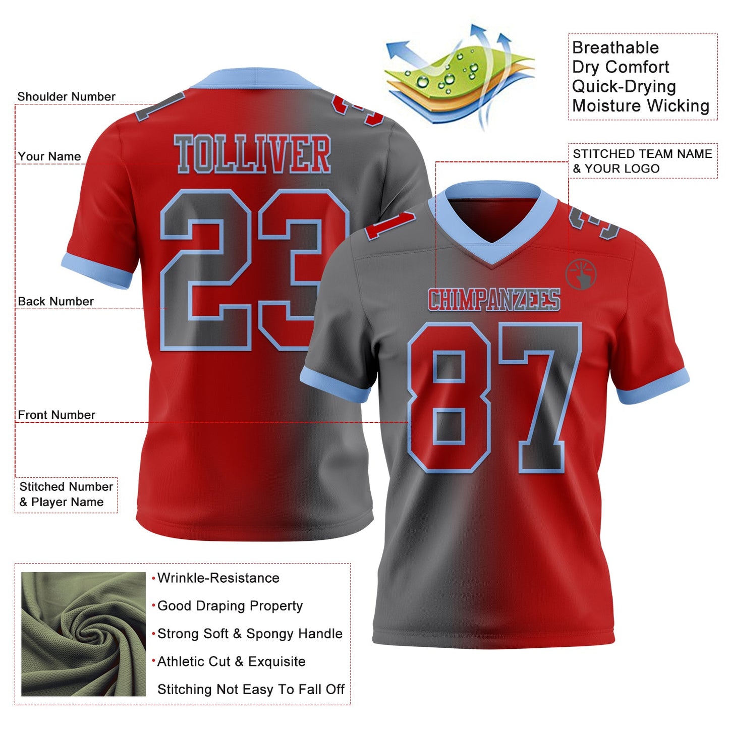 Custom Red Steel Gray-Light Blue Authentic Gradient Fashion Football Jersey view 2