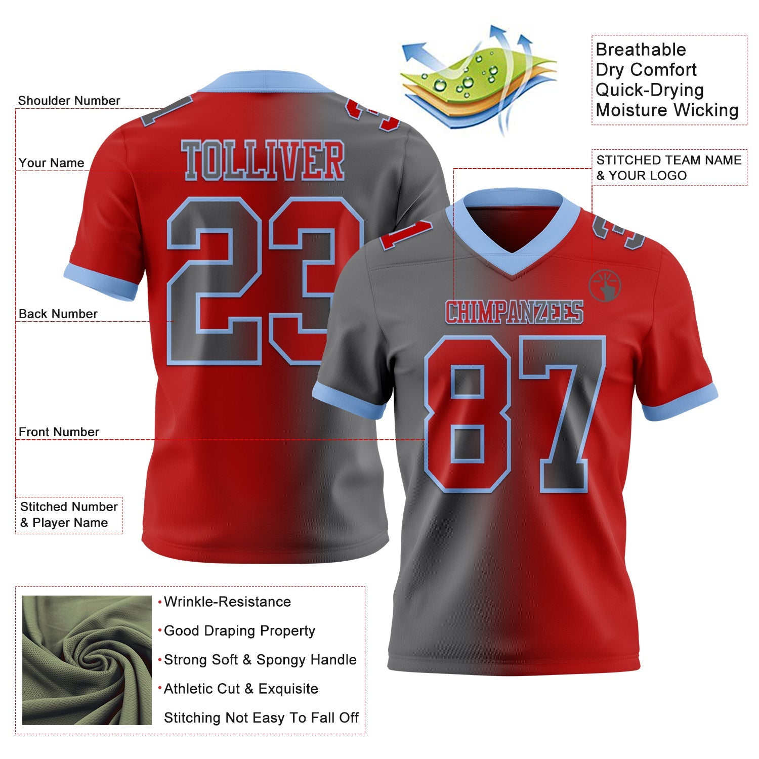 Custom Red Steel Gray-Light Blue Authentic Gradient Fashion Football Jersey view 2