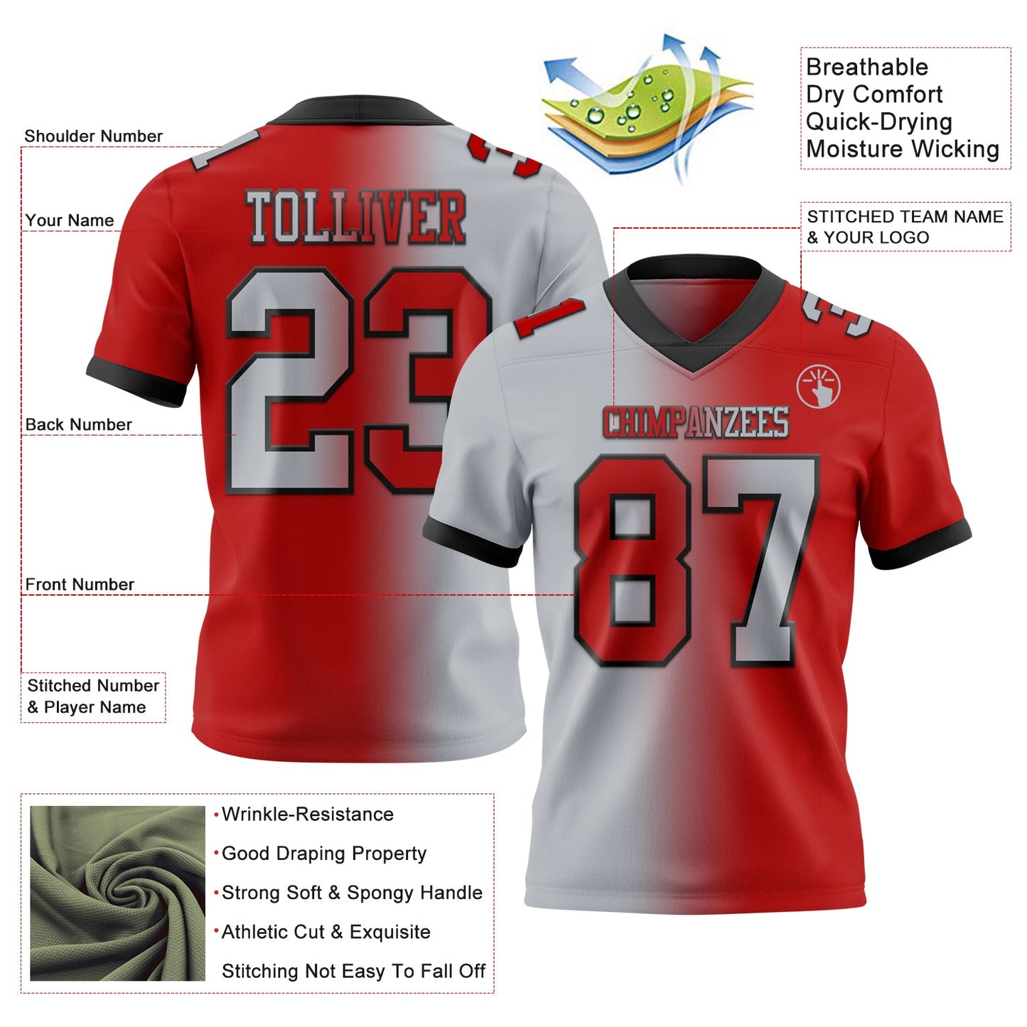 Custom Red Gray-Black Authentic Gradient Fashion Football Jersey view 2