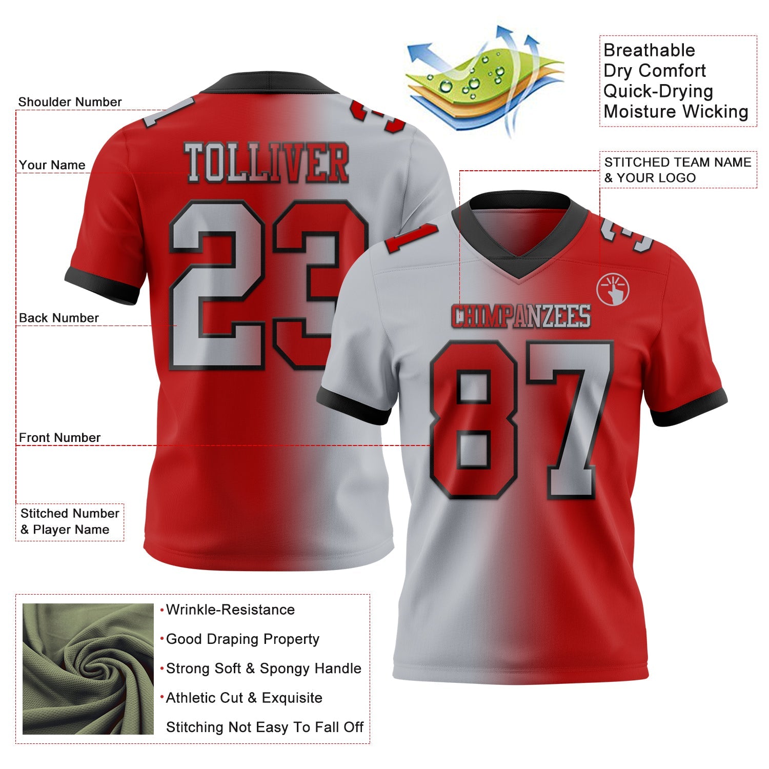 Custom Red Gray-Black Authentic Gradient Fashion Football Jersey view 2