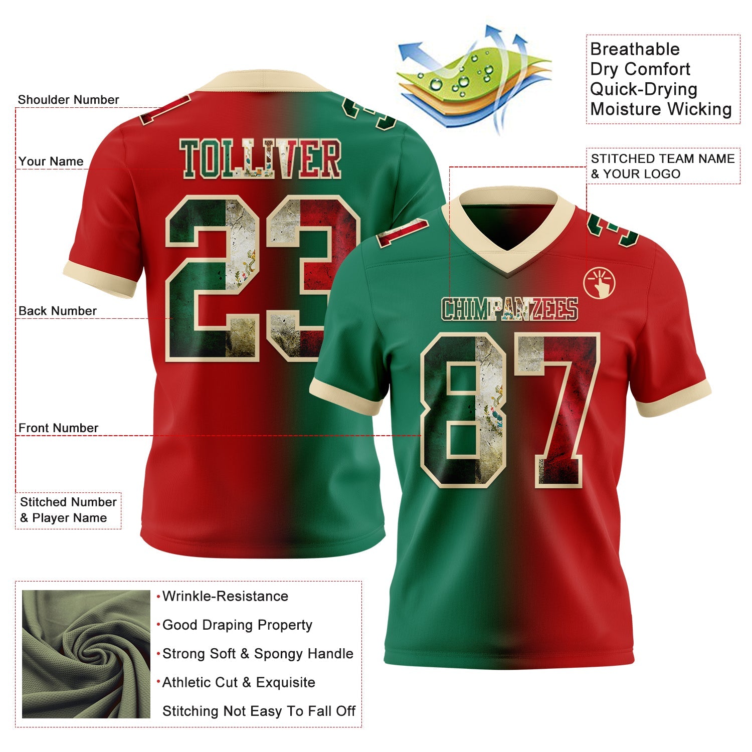 Custom Red Vintage Mexican Flag Kelly Green-Cream Authentic Gradient Fashion Football Jersey view 2